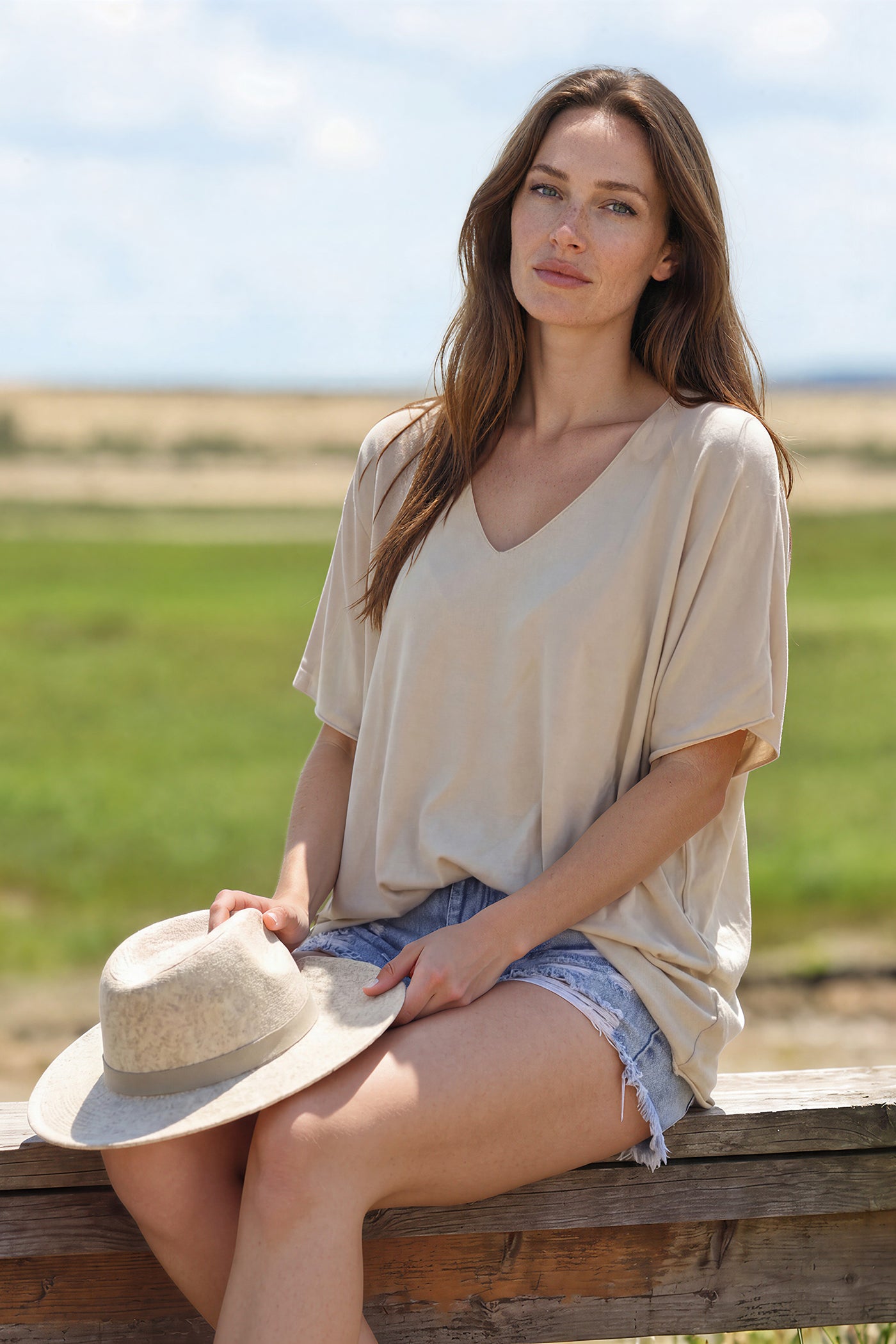 Relaxed fit beige v-neck top