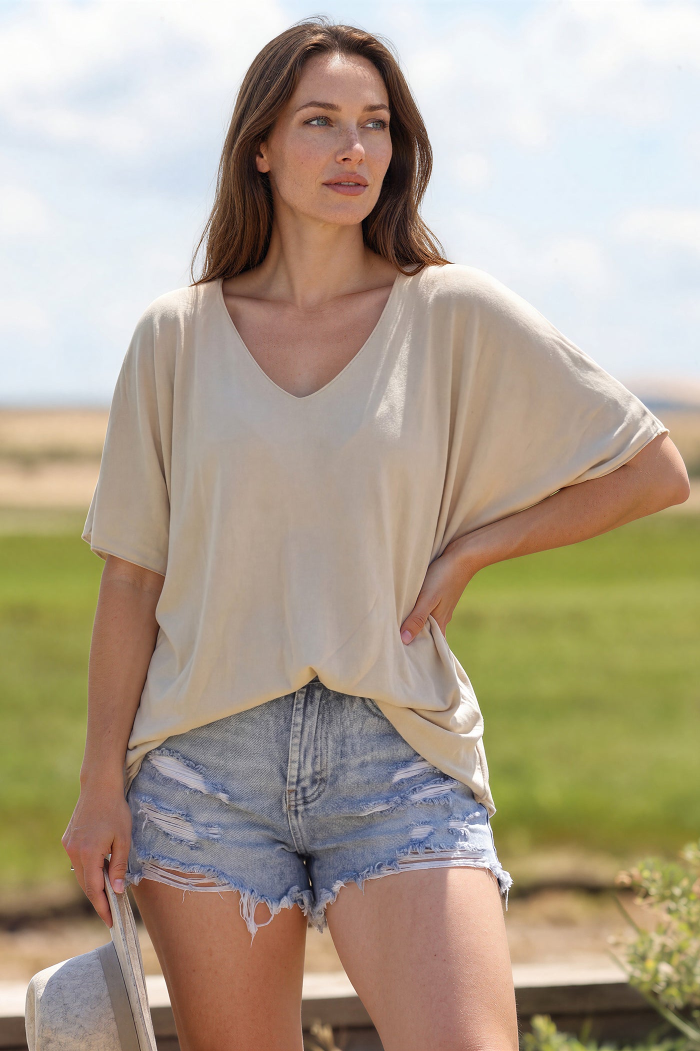 Relaxed fit beige v-neck top