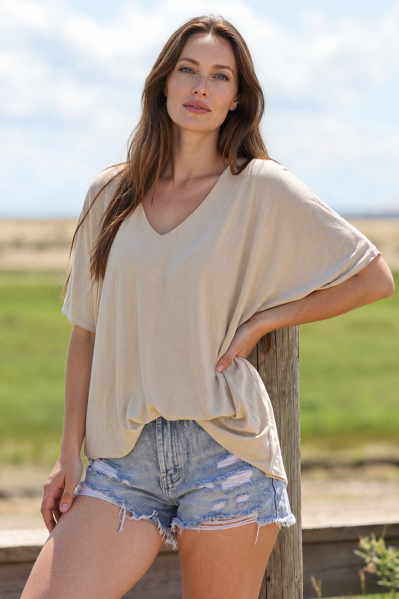 Relaxed fit beige v-neck top