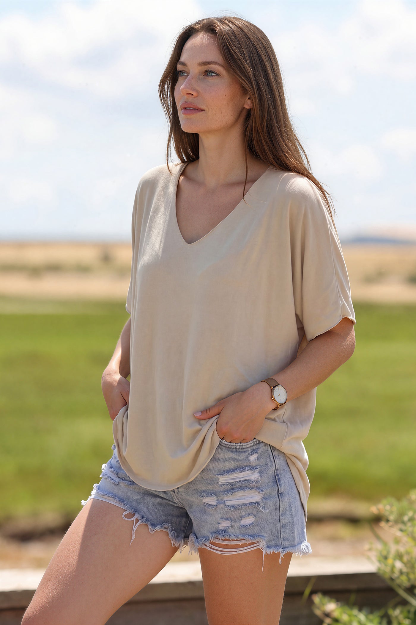 Relaxed fit beige v-neck top