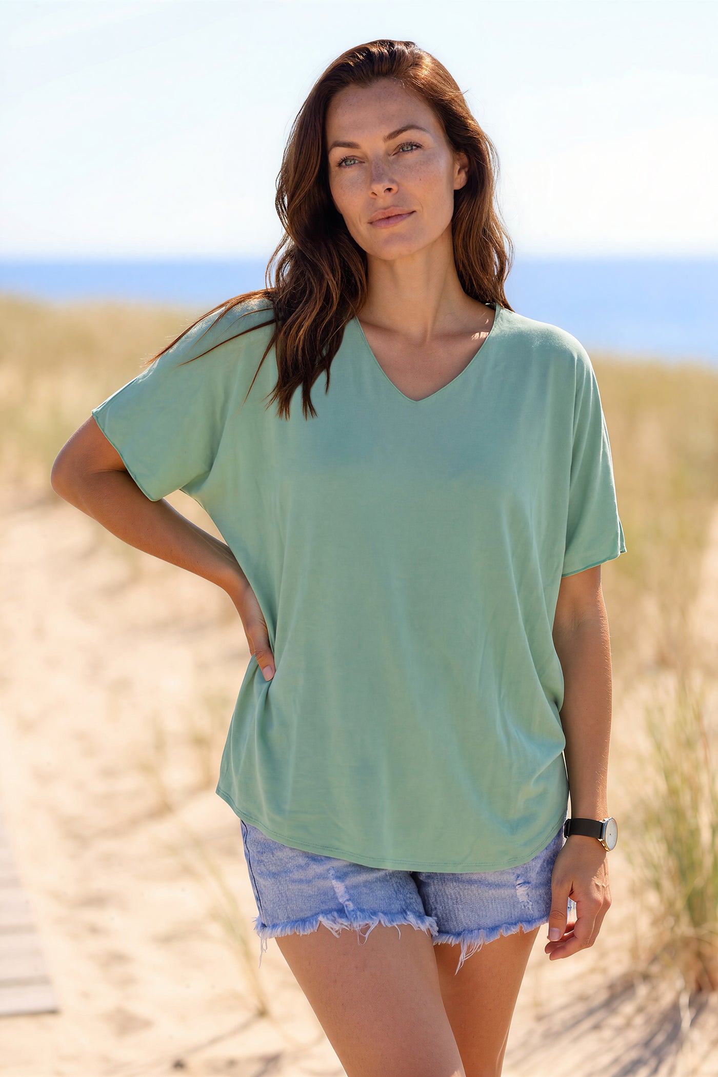 Relaxed fit celadon green v-neck top