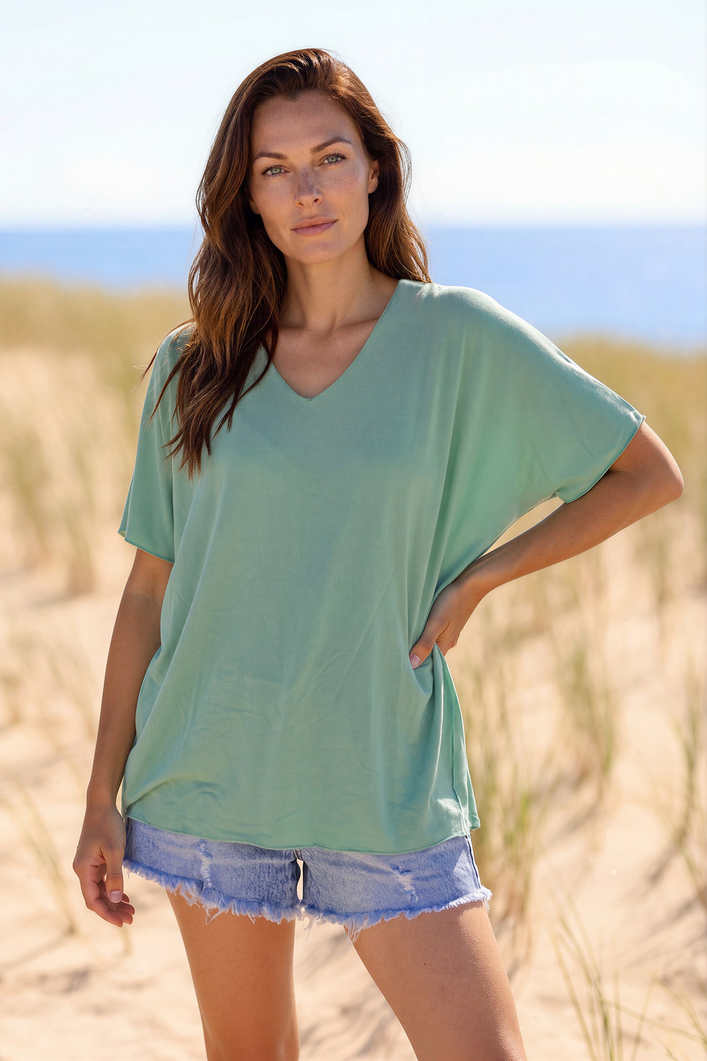 Relaxed fit celadon green v-neck top