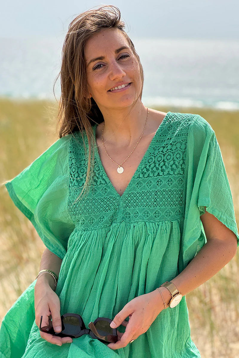 Green Floaty Cotton Dress with Lace Top