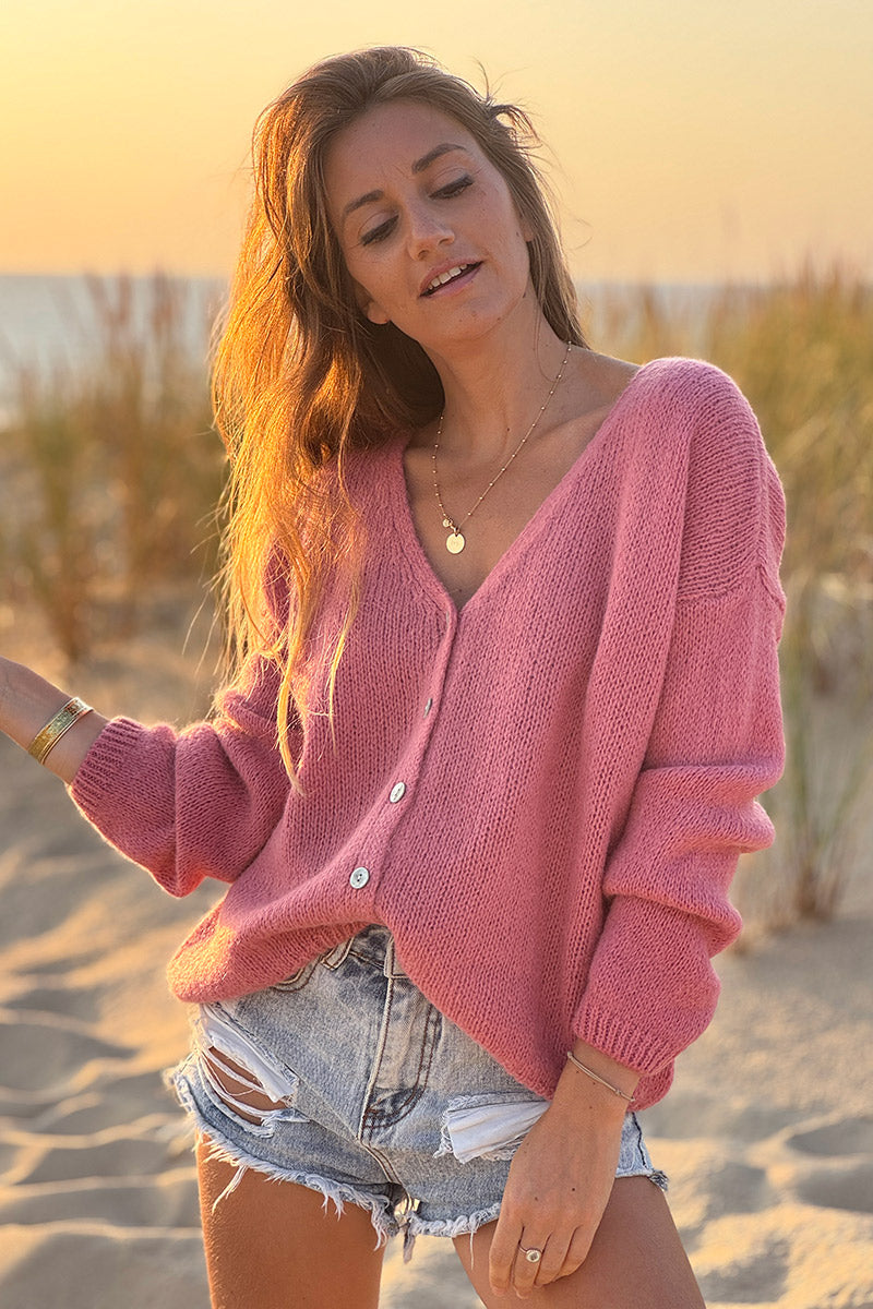 Rosewood Mother of Pearl Button through V-Neck Cardigan