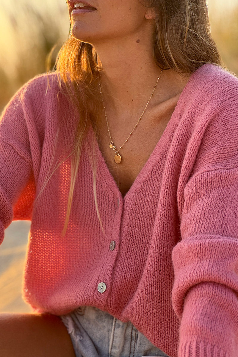 Rosewood Mother of Pearl Button through V-Neck Cardigan