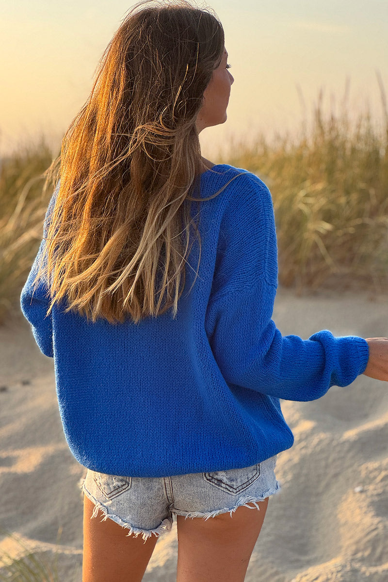 Royal Blue Mother of Pearl Button through V-Neck Cardigan