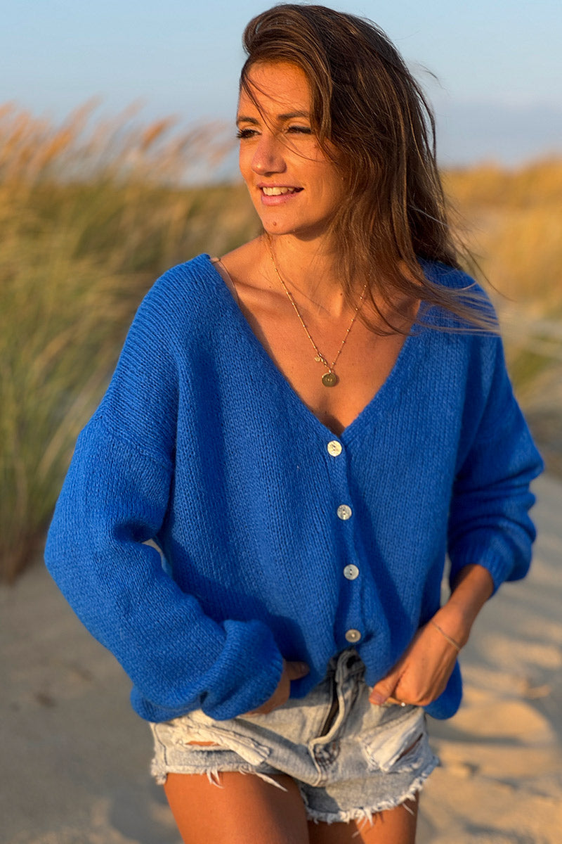 Royal Blue Mother of Pearl Button through V-Neck Cardigan