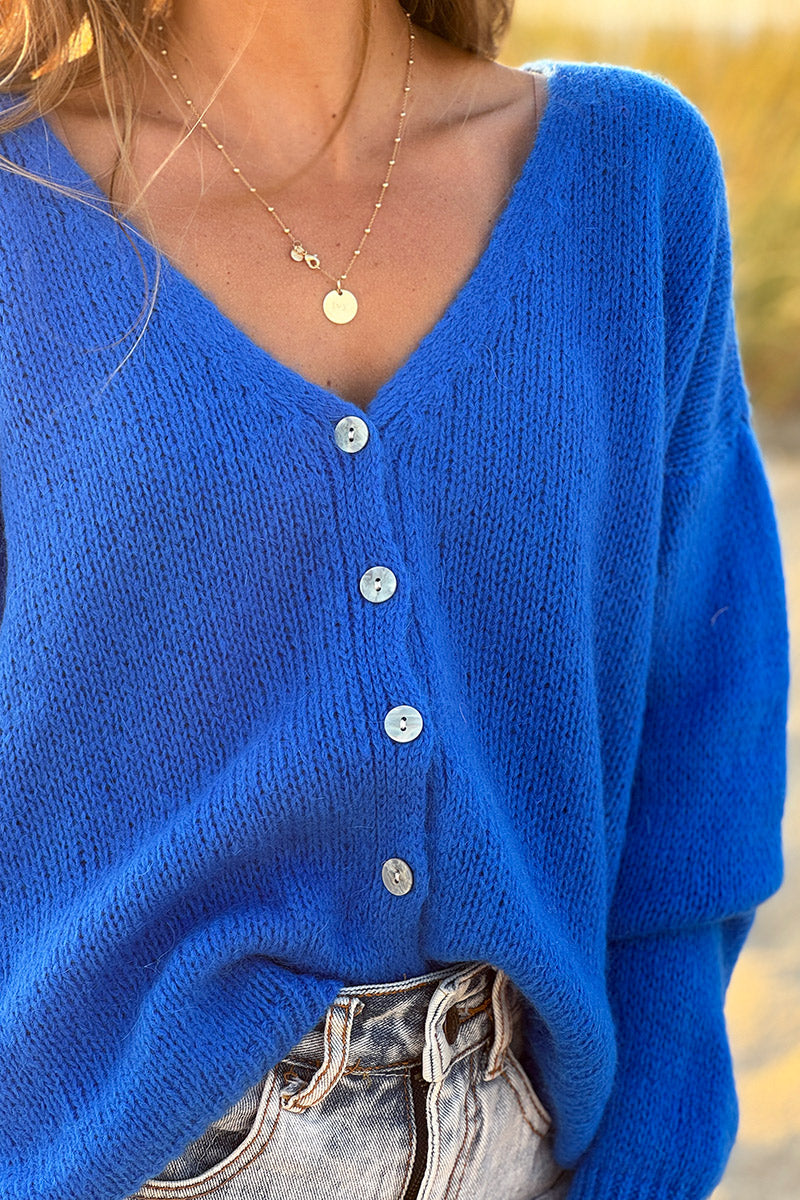 Royal Blue Mother of Pearl Button through V-Neck Cardigan