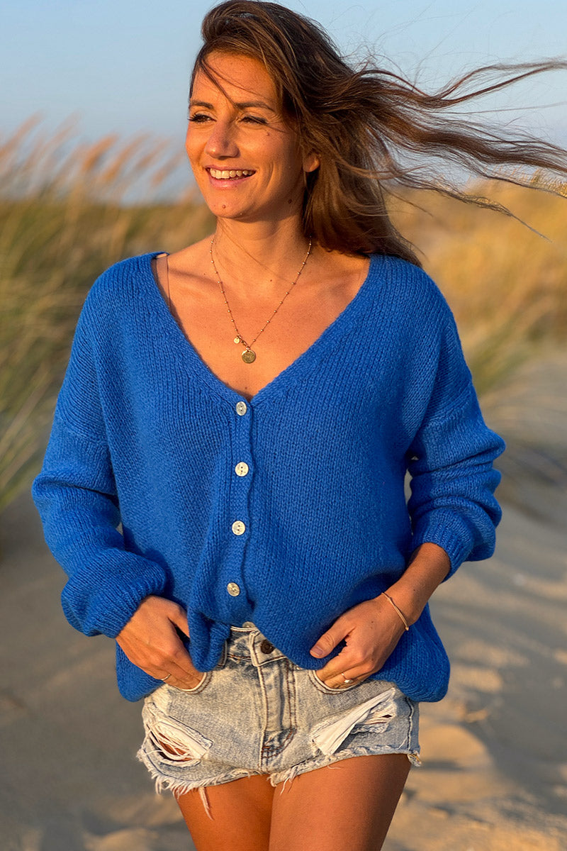 Royal Blue Mother of Pearl Button through V-Neck Cardigan