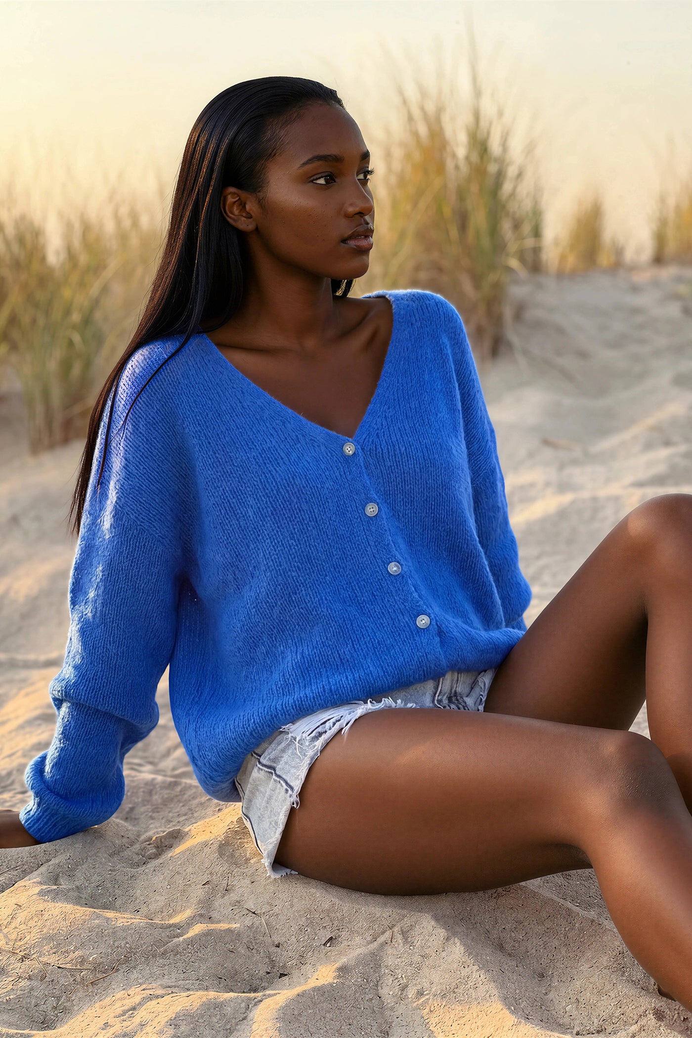 Royal Blue Mother of Pearl Button through V-Neck Cardigan