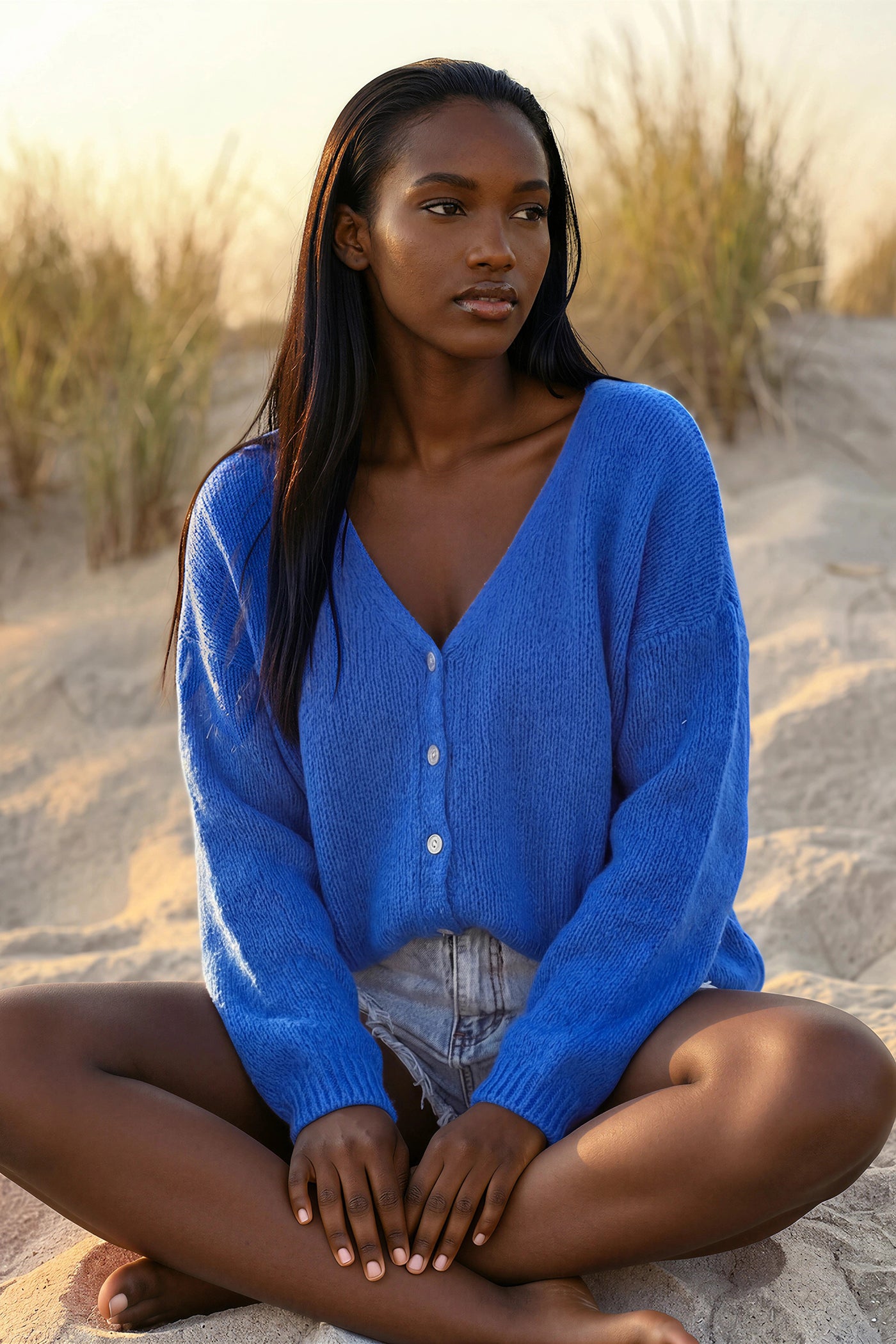 Royal Blue Mother of Pearl Button through V-Neck Cardigan