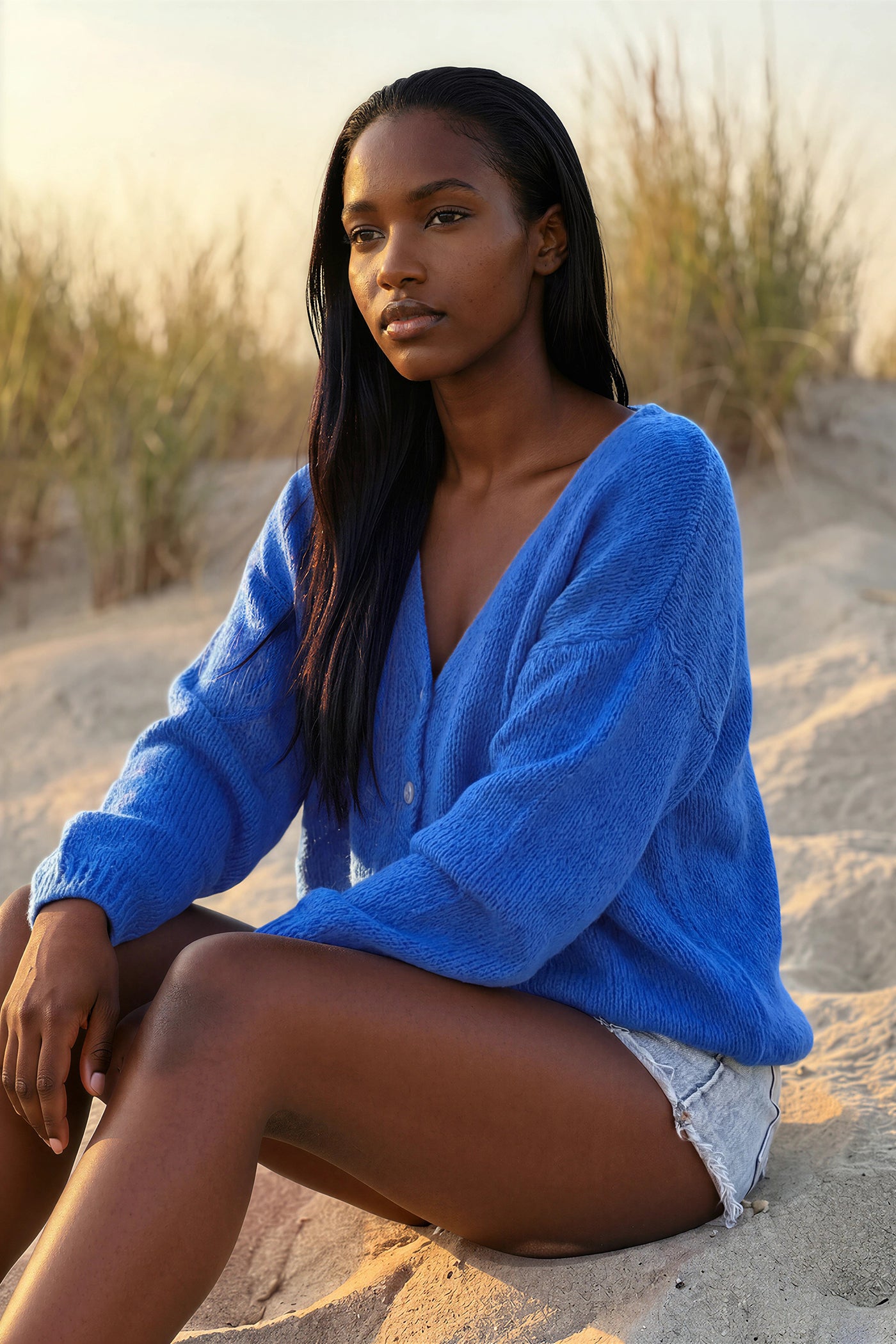 Royal Blue Mother of Pearl Button through V-Neck Cardigan