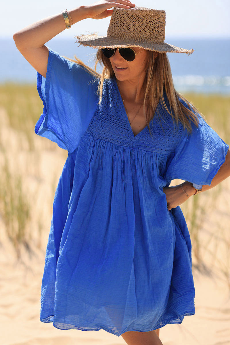 Royal blue floaty cotton dress with lace detail
