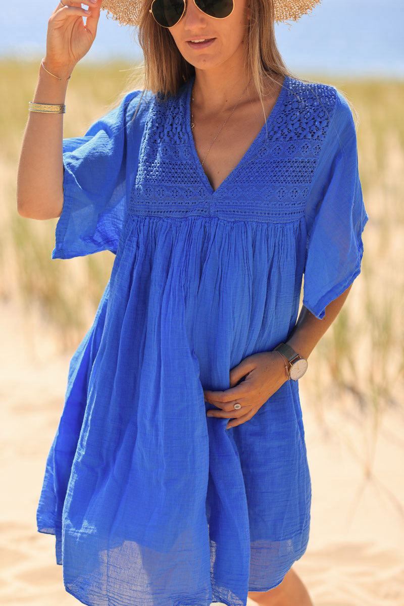 Royal blue floaty cotton dress with lace detail