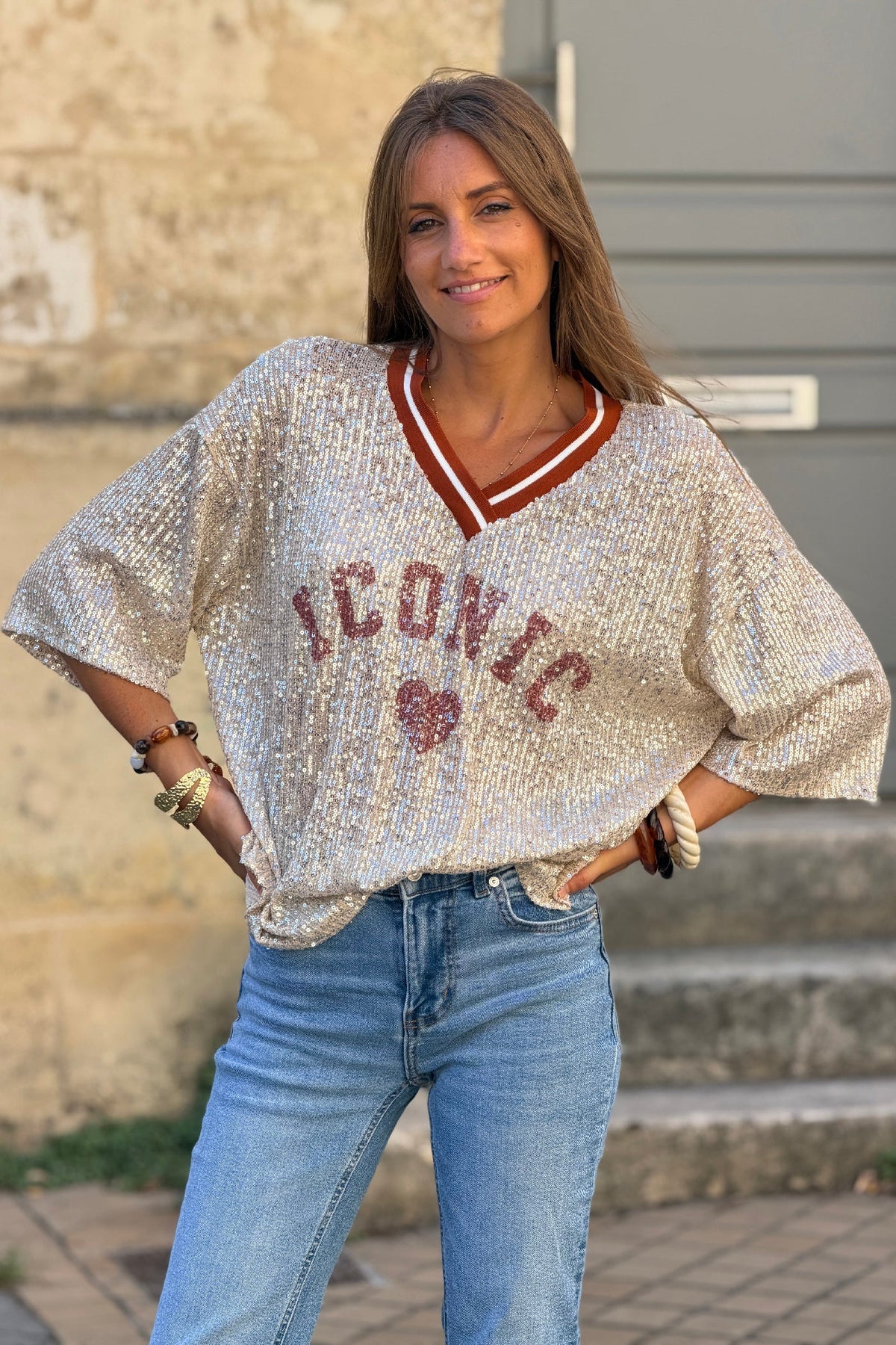 Rust Iconic Mini Sequin Knit Varsity Top