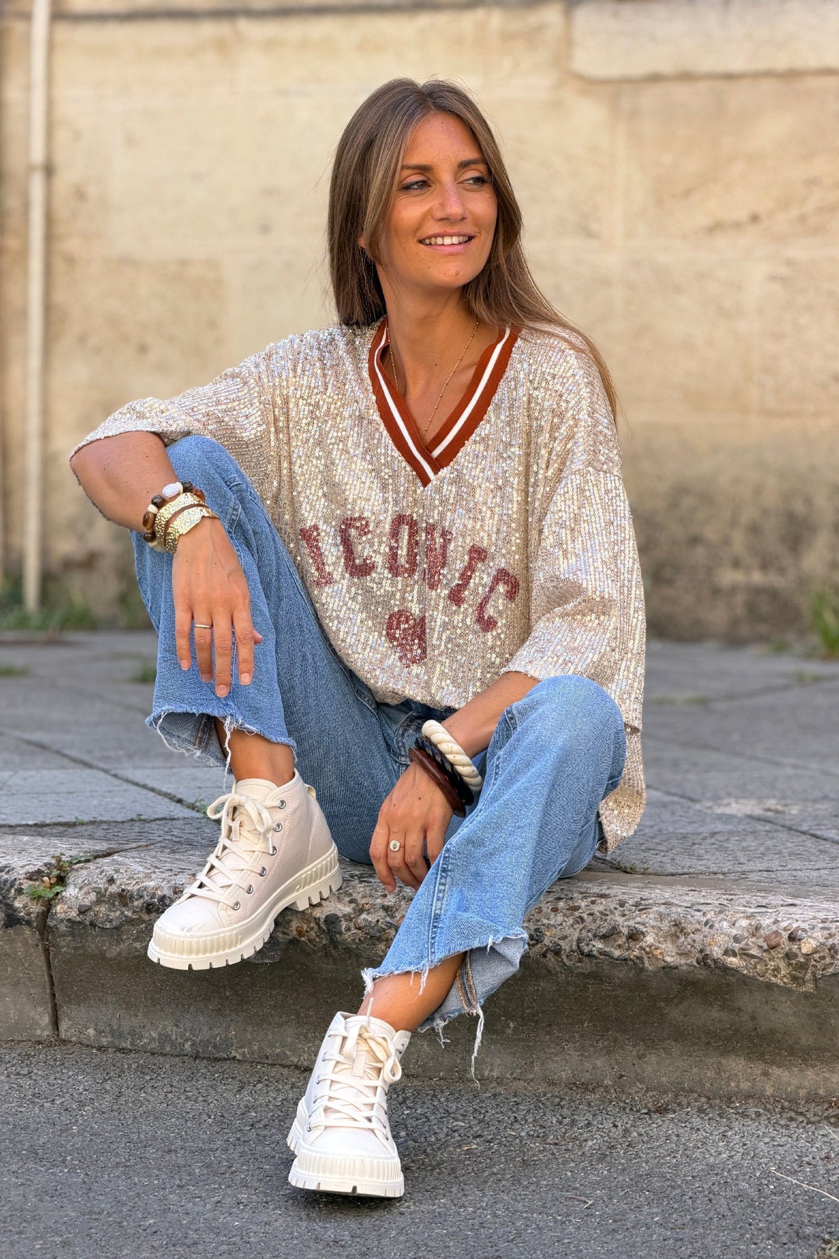 Rust Iconic Mini Sequin Knit Varsity Top