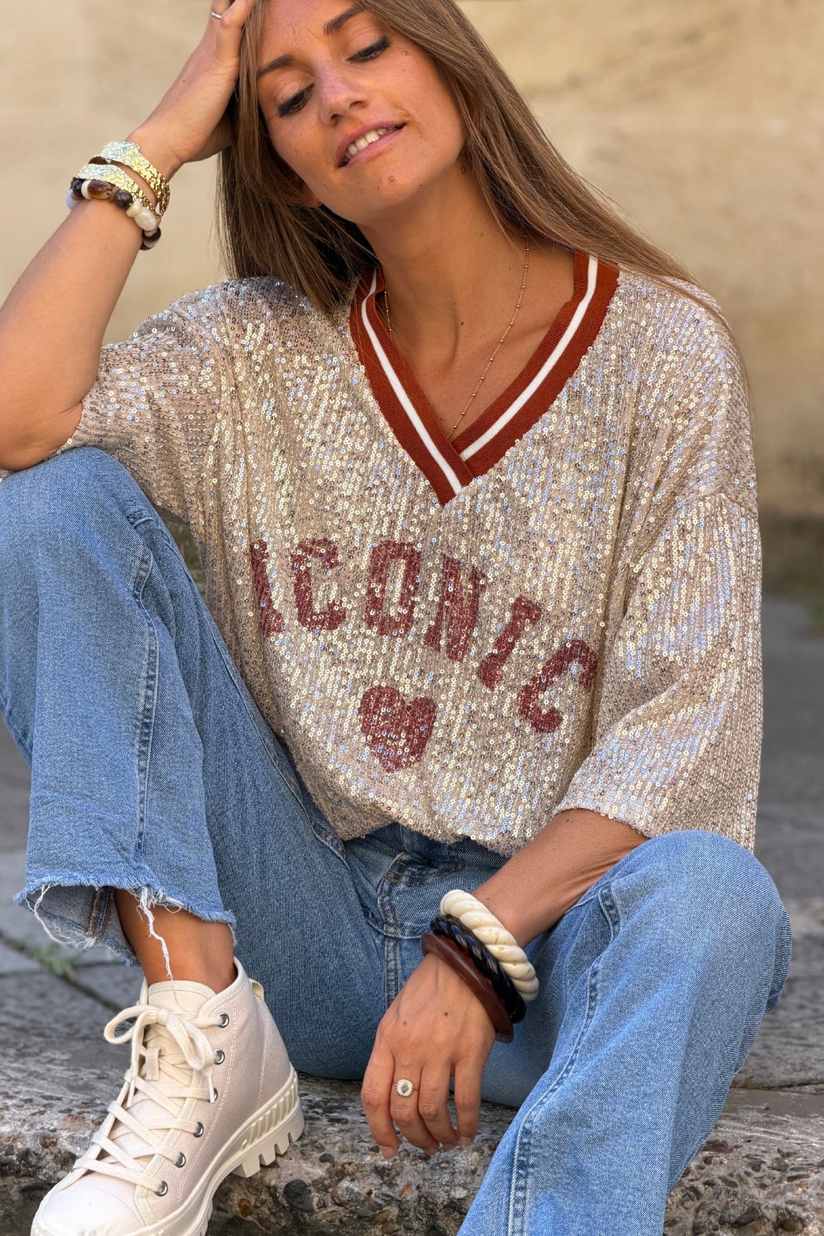 Rust Iconic Mini Sequin Knit Varsity Top