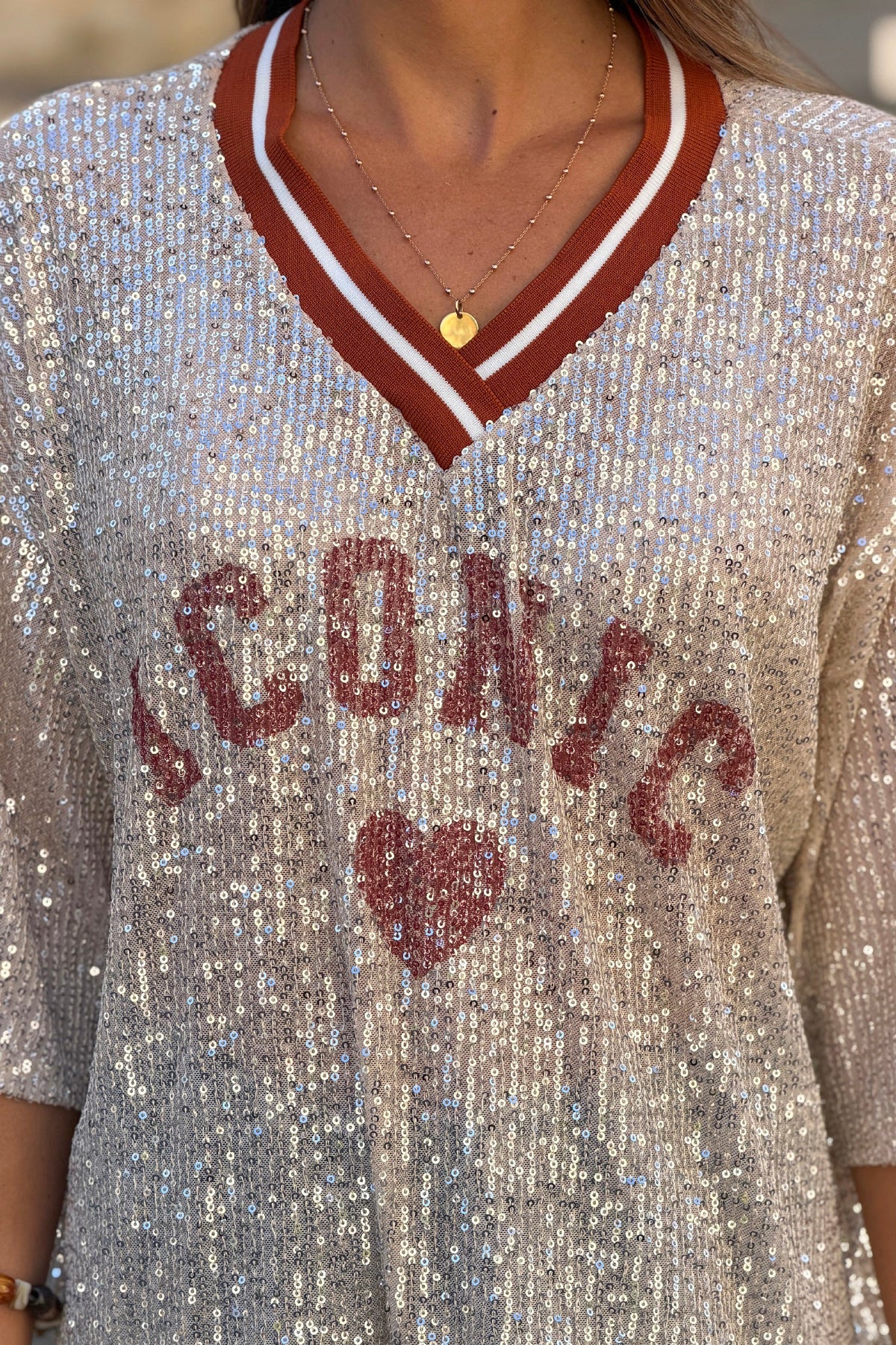 Rust Iconic Mini Sequin Knit Varsity Top
