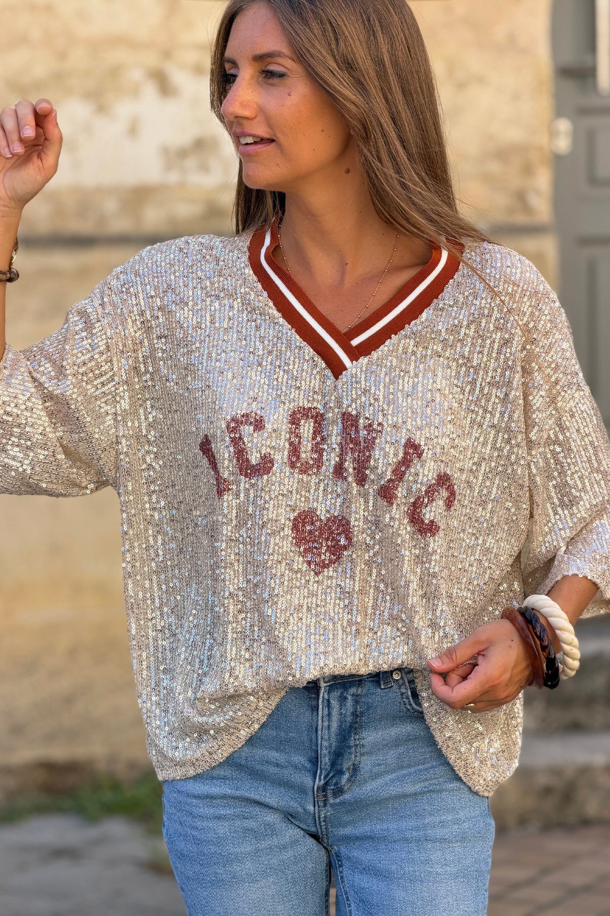 Rust Iconic Mini Sequin Knit Varsity Top