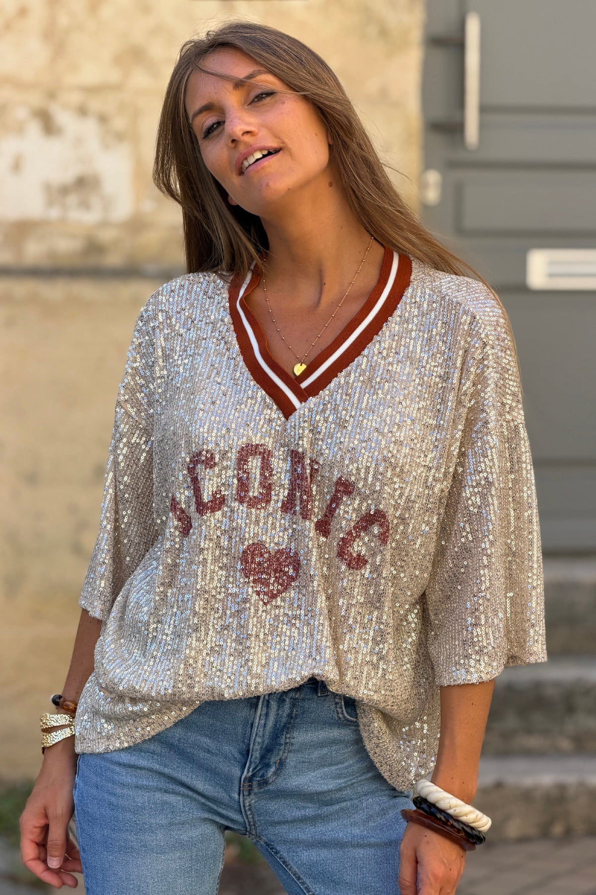 Rust Iconic Mini Sequin Knit Varsity Top