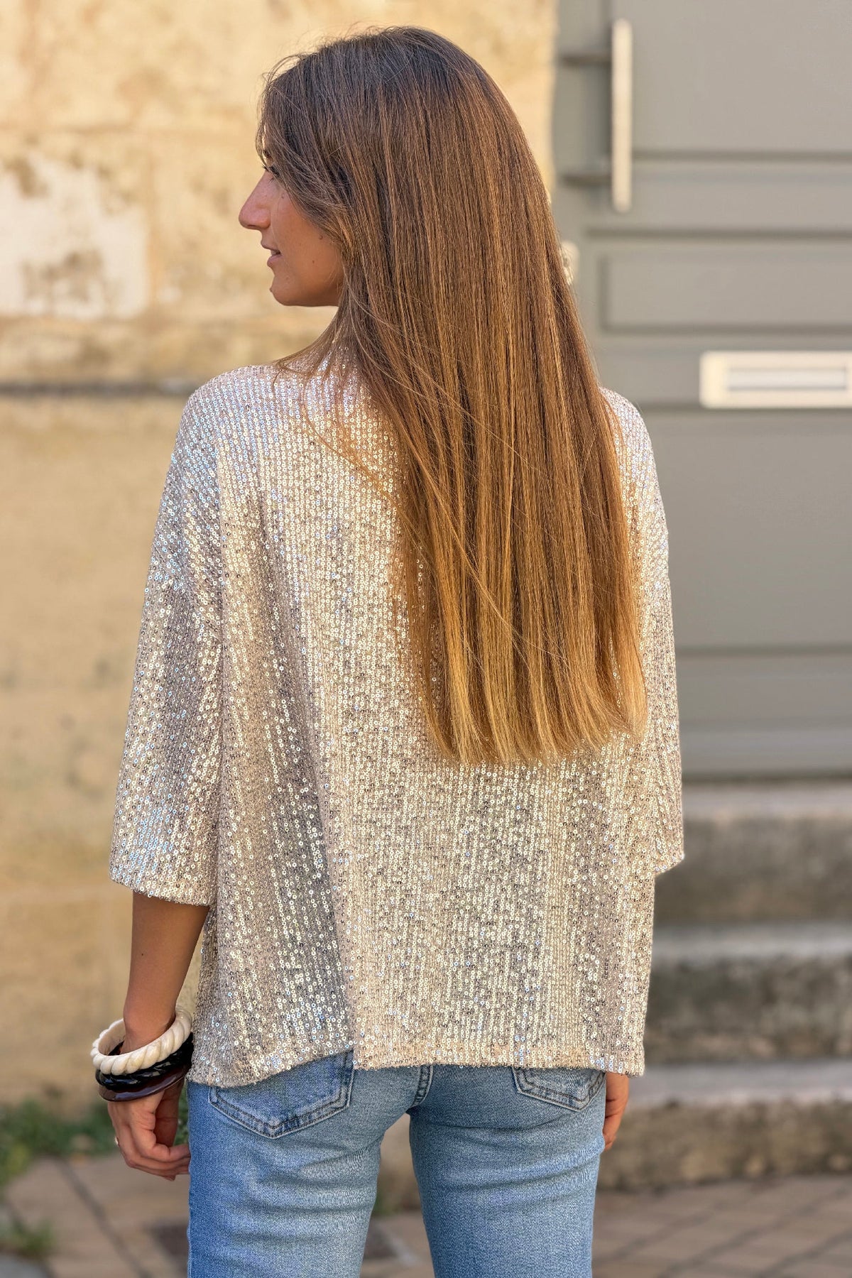 Rust Iconic Mini Sequin Knit Varsity Top