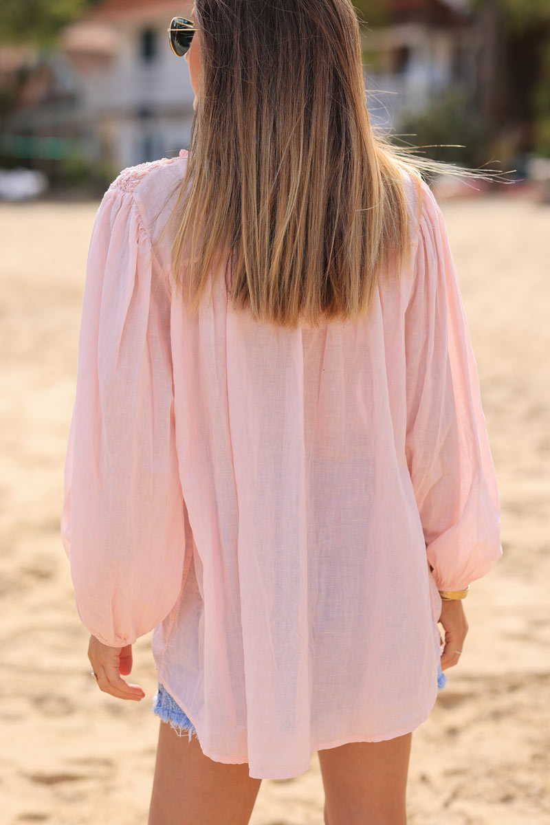 Smocked Light Pink Floaty Blouse with Mother of Pearl Buttons