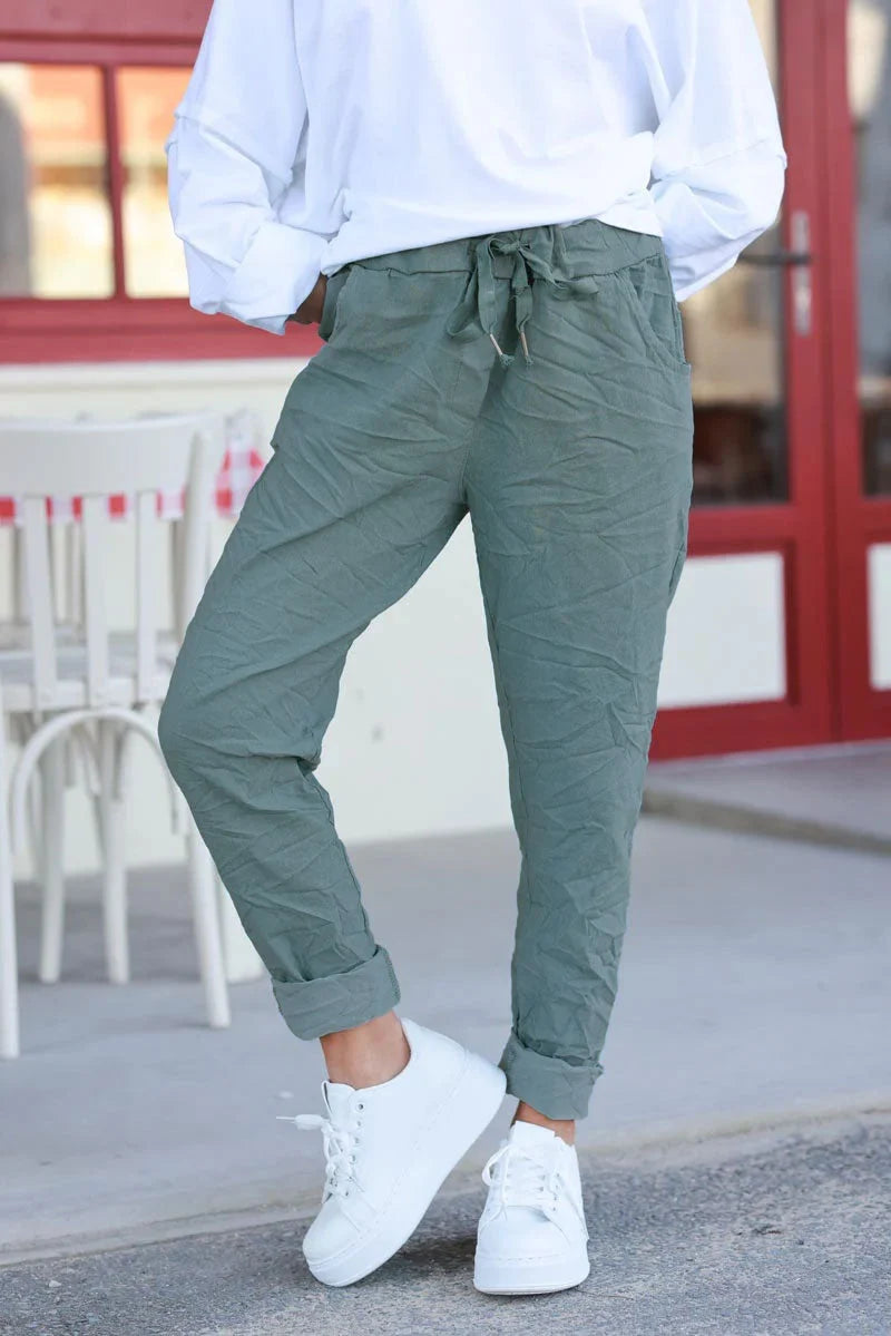 Sage comfort and stretch fabric pants with a glitter star