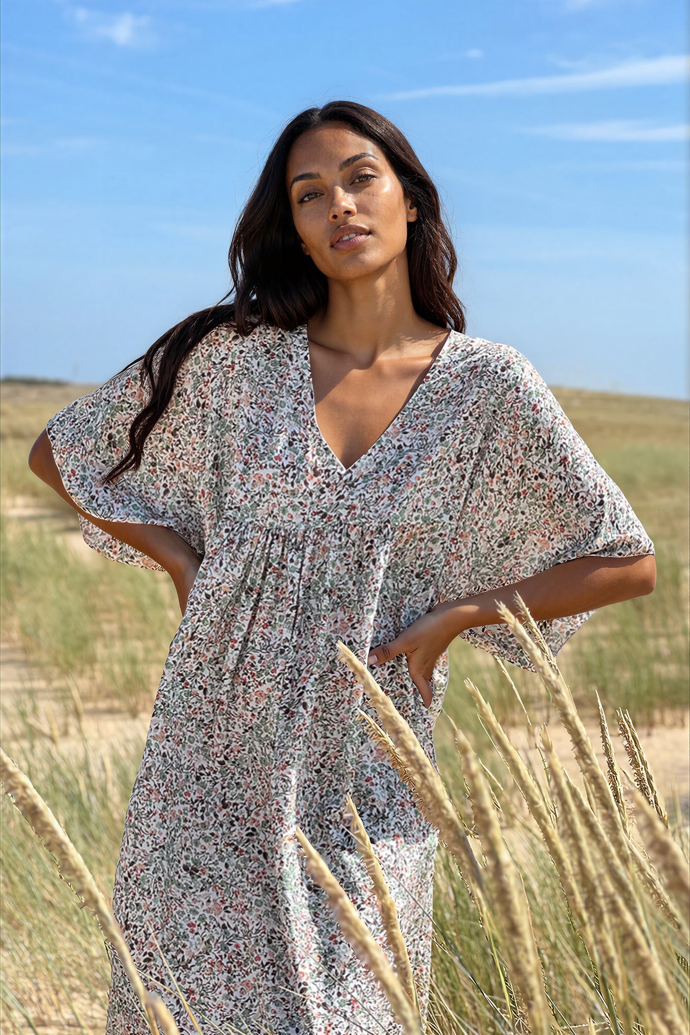 Sage Ditsy Floral V-Neck Butterfly Sleeve Maxi Dress