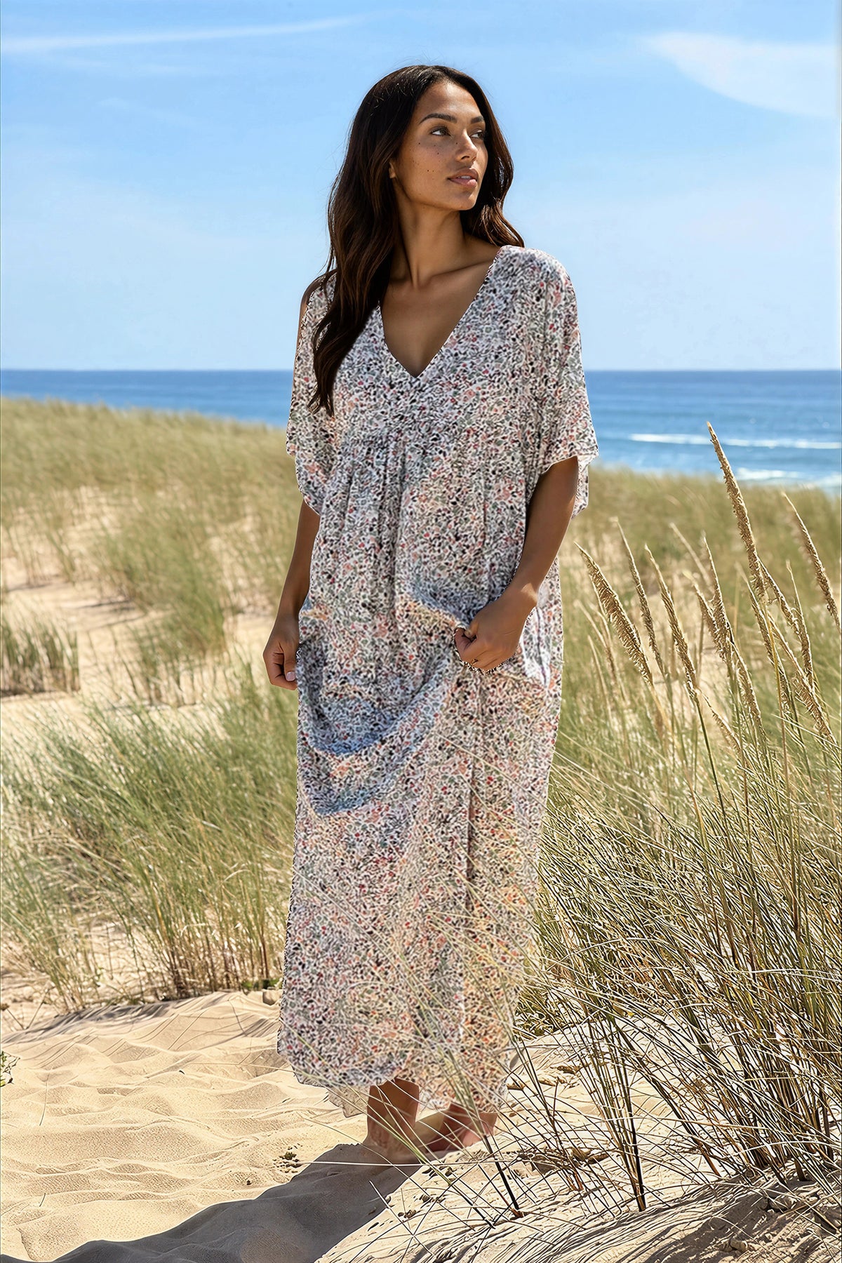 Sage Ditsy Floral V-Neck Butterfly Sleeve Maxi Dress