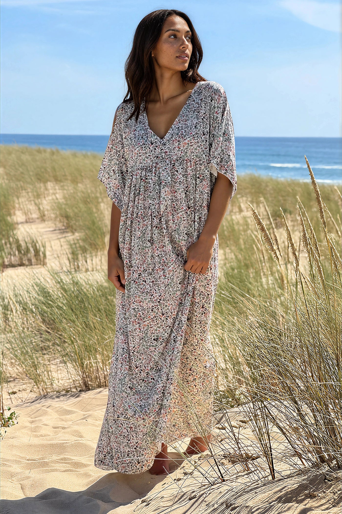 Sage Ditsy Floral V-Neck Butterfly Sleeve Maxi Dress