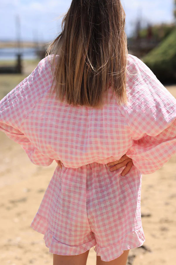 White frill cotton gauze short with soft pink vichy print