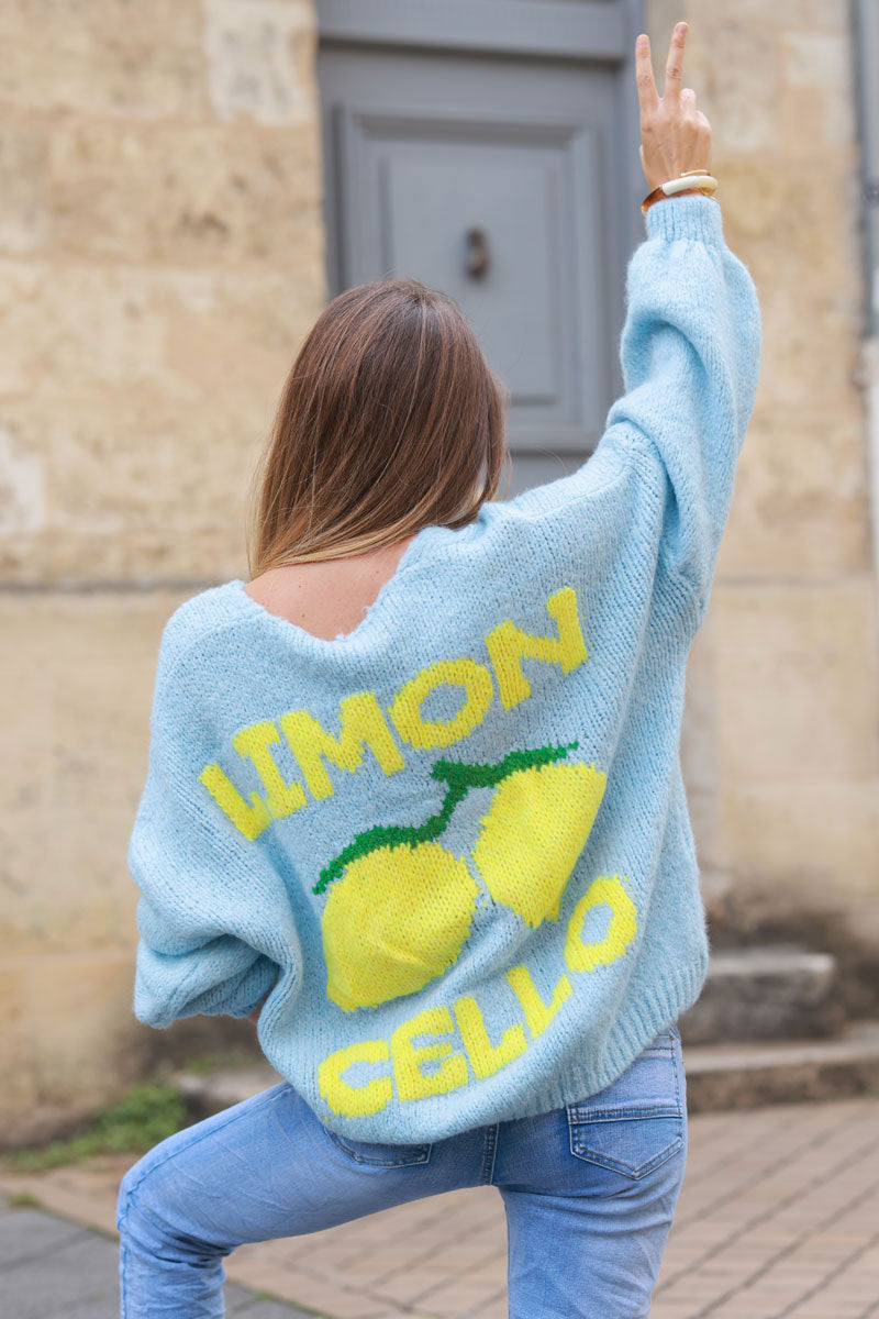 Sky blue chunky knit cardigan with lemon 'limoncello' back pattern