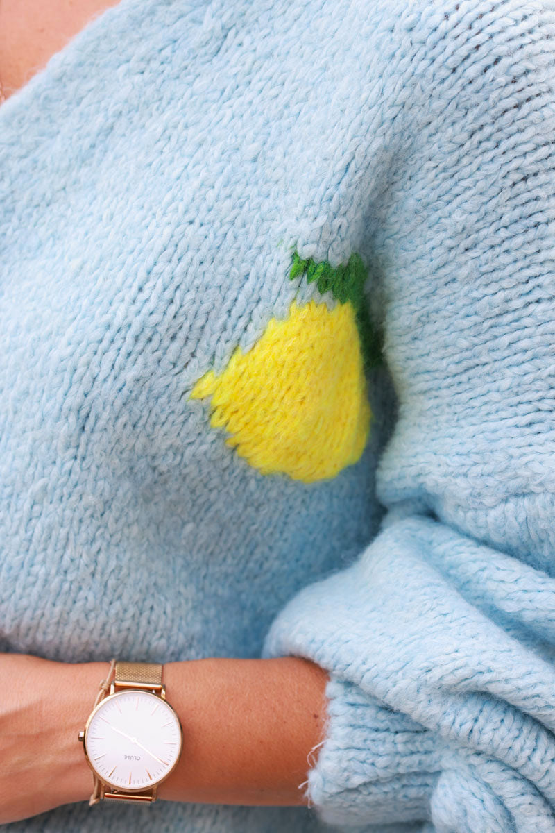 Sky blue chunky knit cardigan with lemon 'limoncello' back pattern