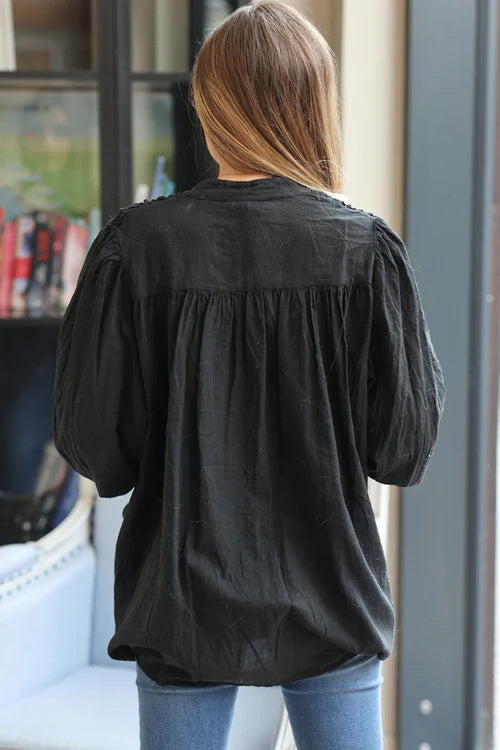 Smocked Black floaty Blouse with Mother of Pearl buttons