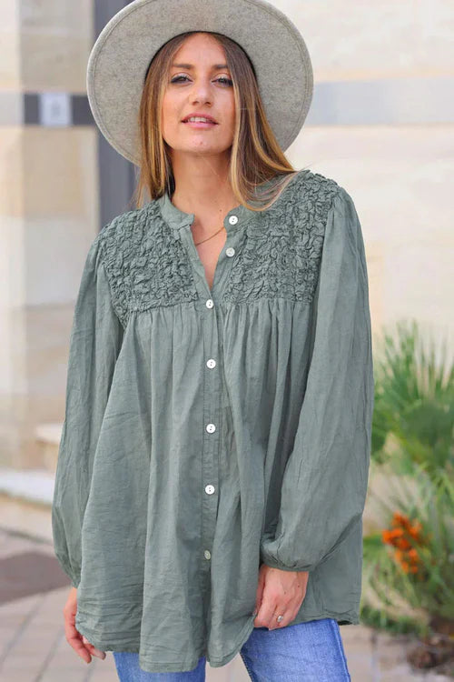 Smocked Olive floaty Blouse with Mother of Pearl buttons