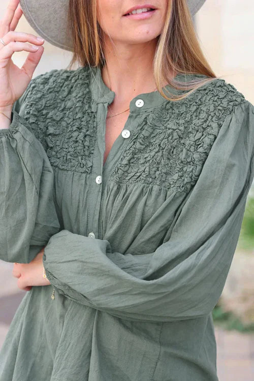 Smocked Olive floaty Blouse with Mother of Pearl buttons