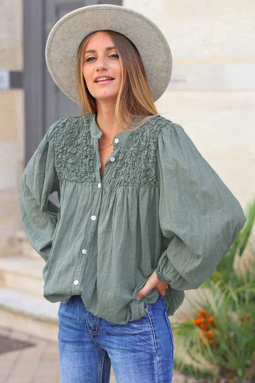 Smocked Olive floaty Blouse with Mother of Pearl buttons