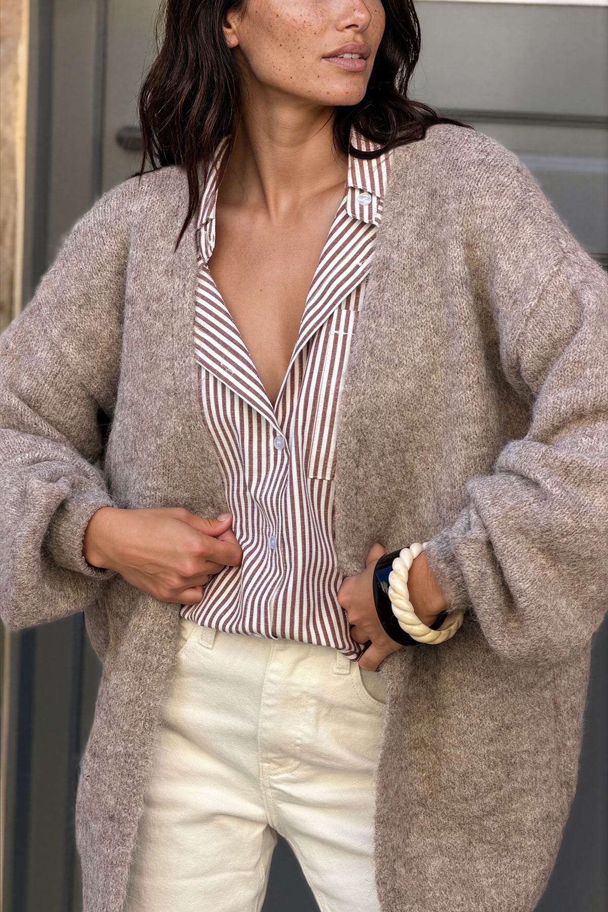 Taupe Fuzzy Knit Open Front Cardigan