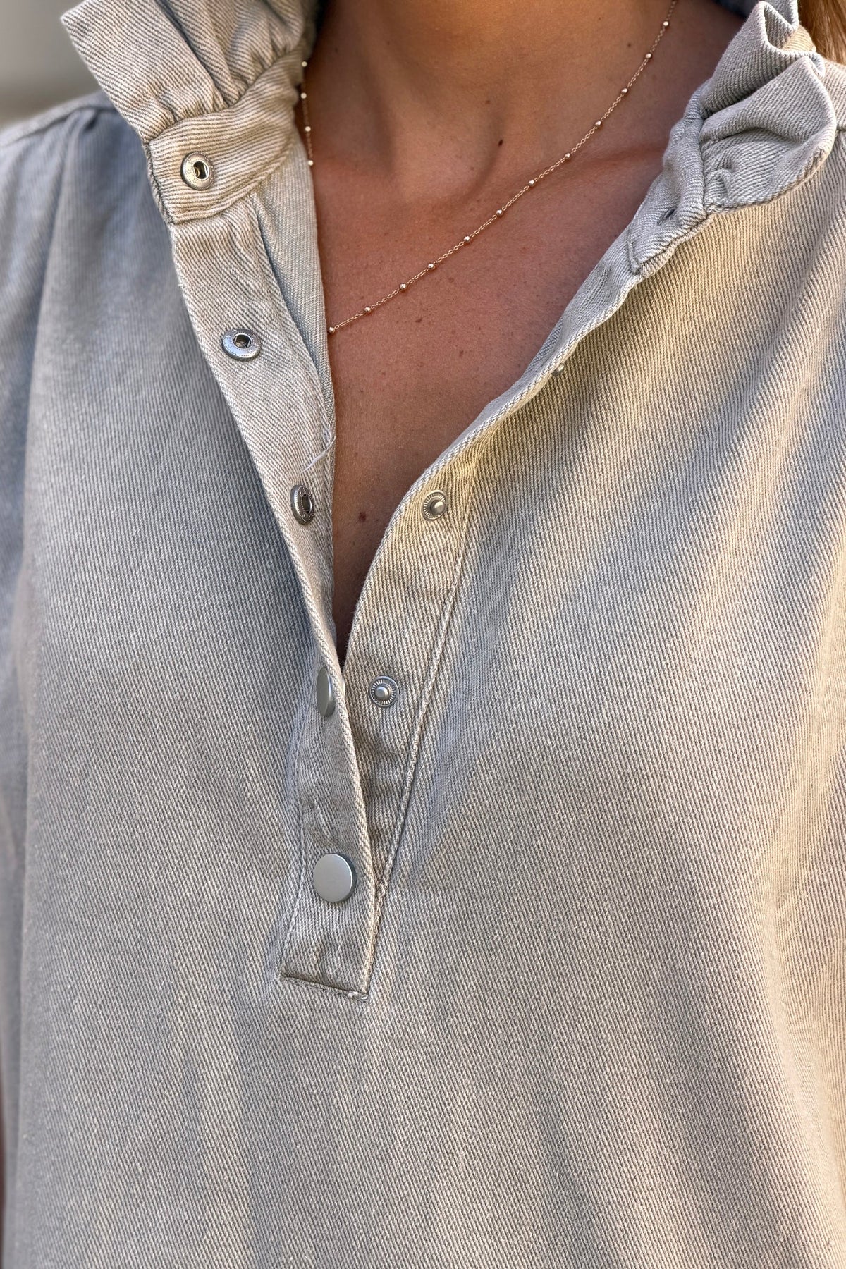 Taupe Ruff Collar Short Sleeve Denim Dress