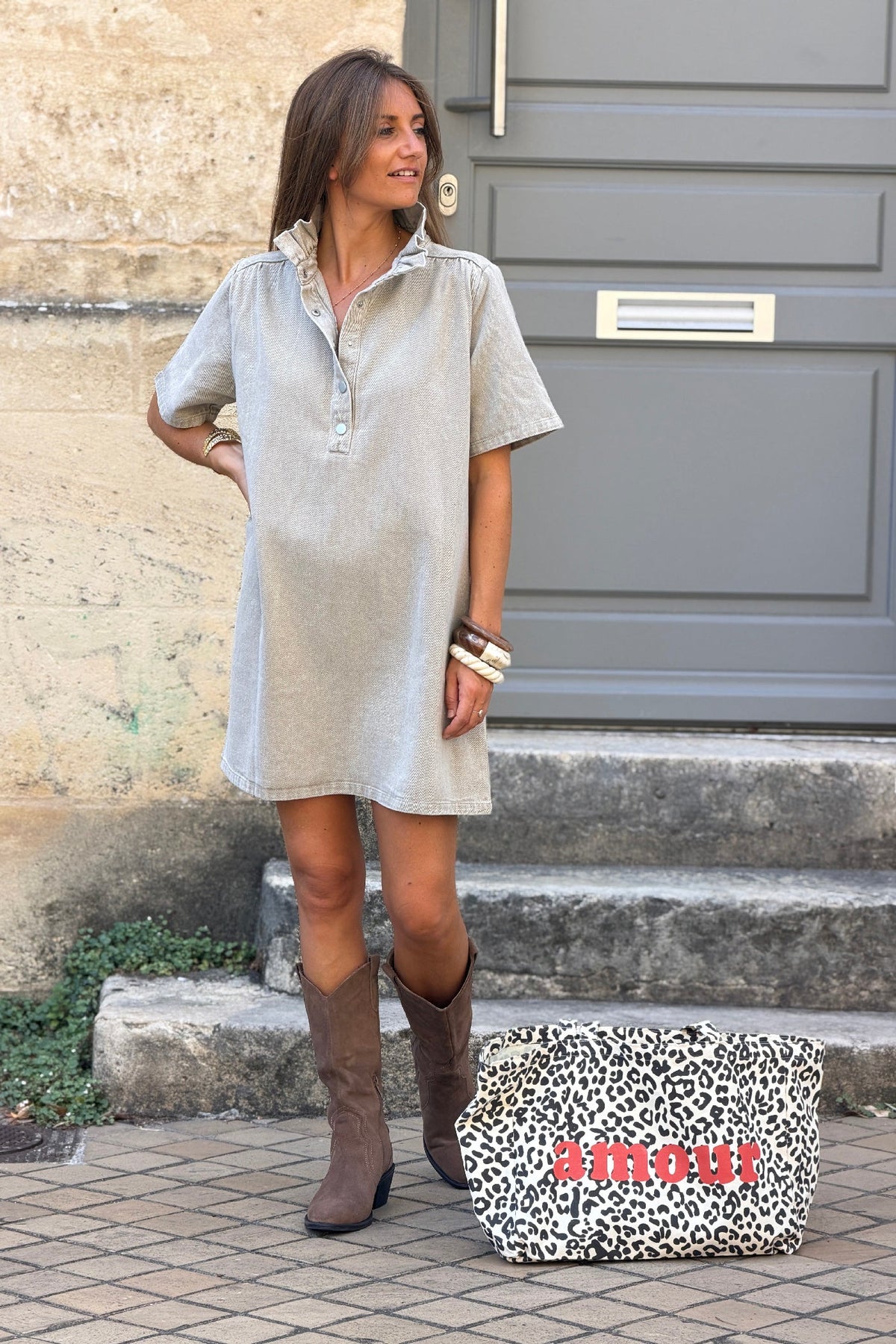 Taupe Ruff Collar Short Sleeve Denim Dress