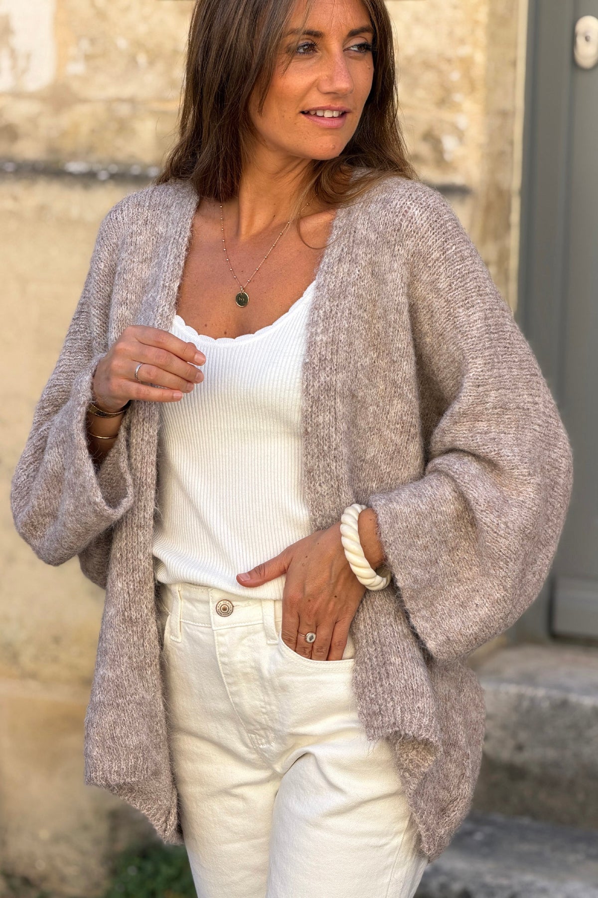 Taupe Wool Blend Bell Sleeve Knit Cardigan