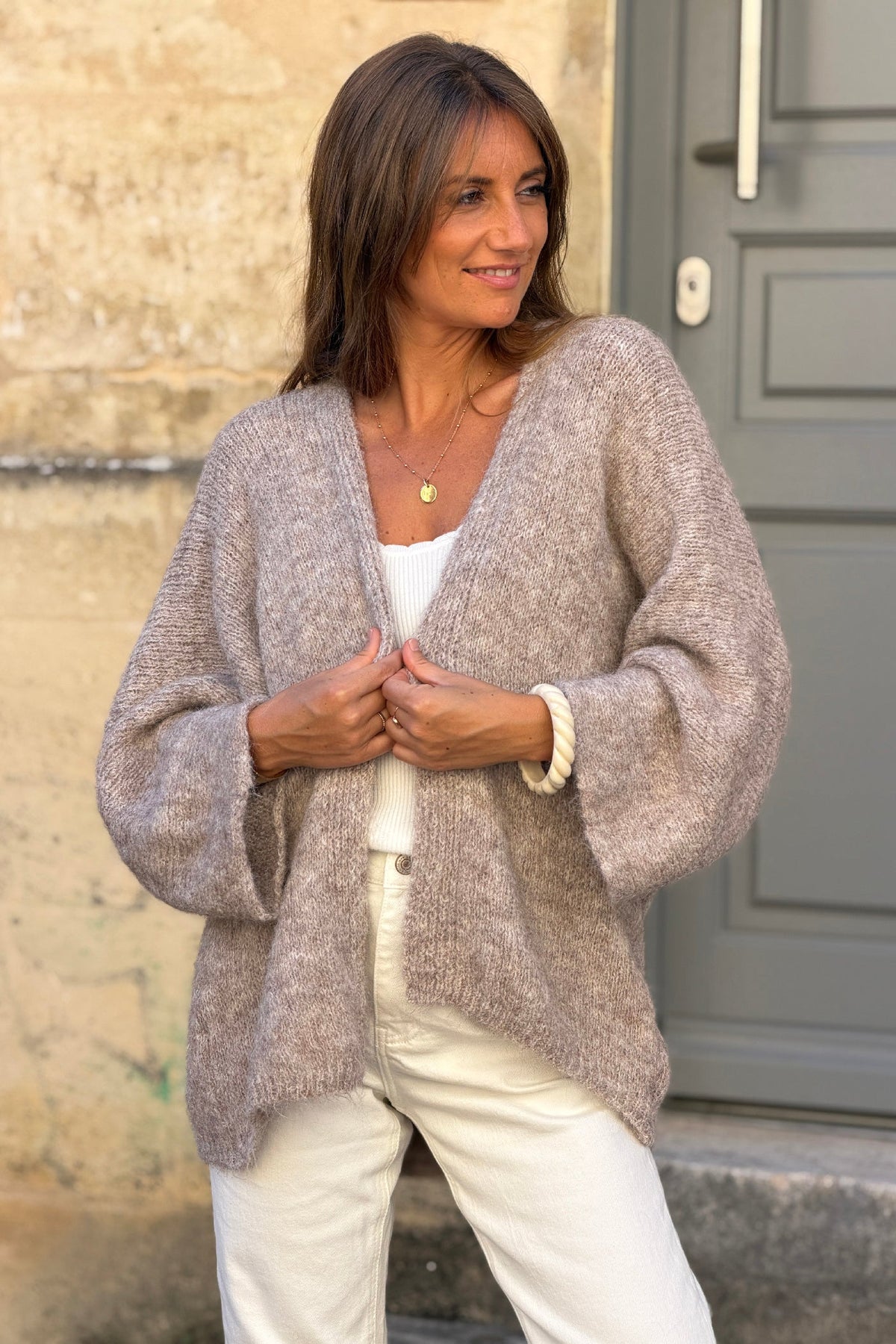 Taupe Wool Blend Bell Sleeve Knit Cardigan