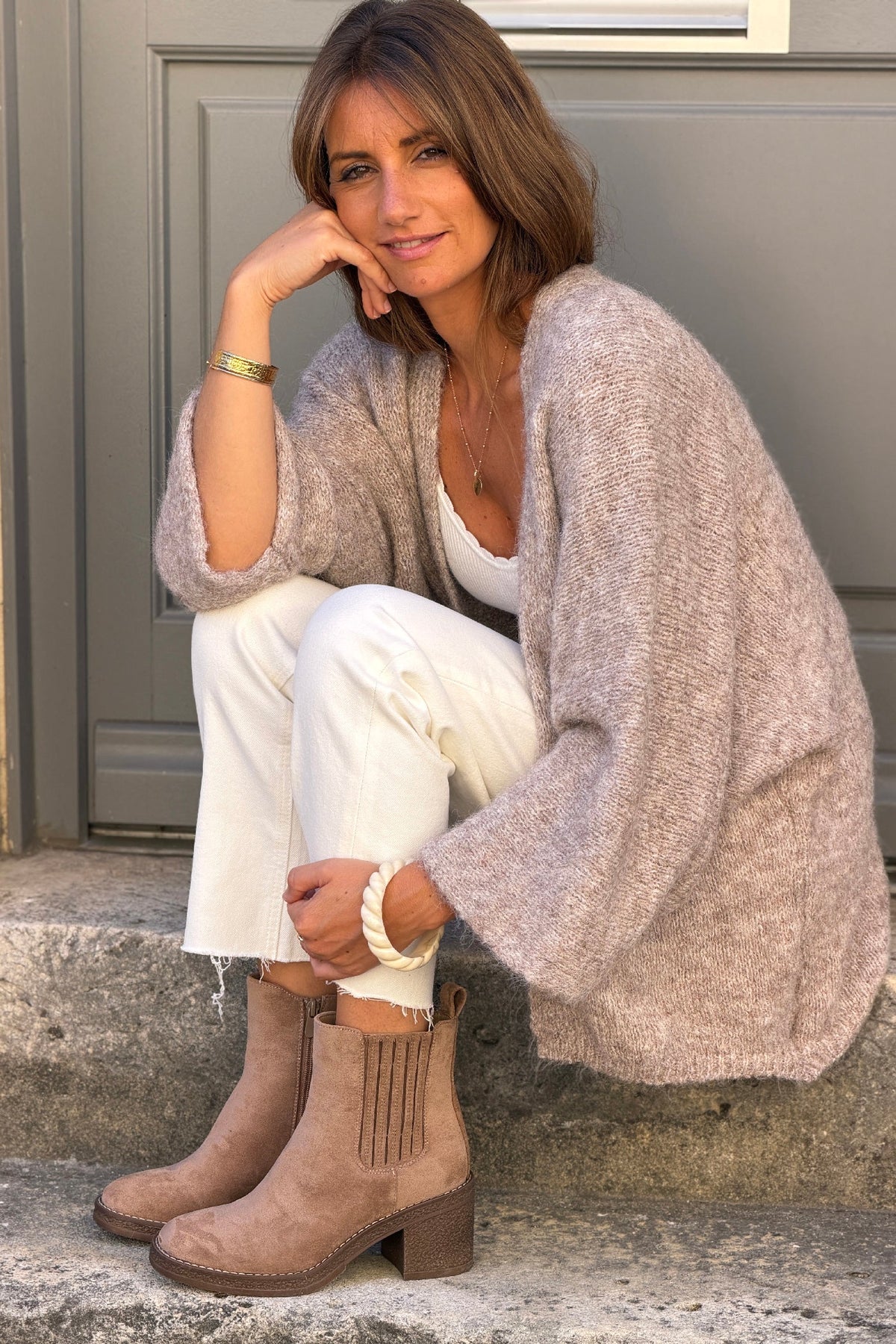 Taupe Wool Blend Bell Sleeve Knit Cardigan