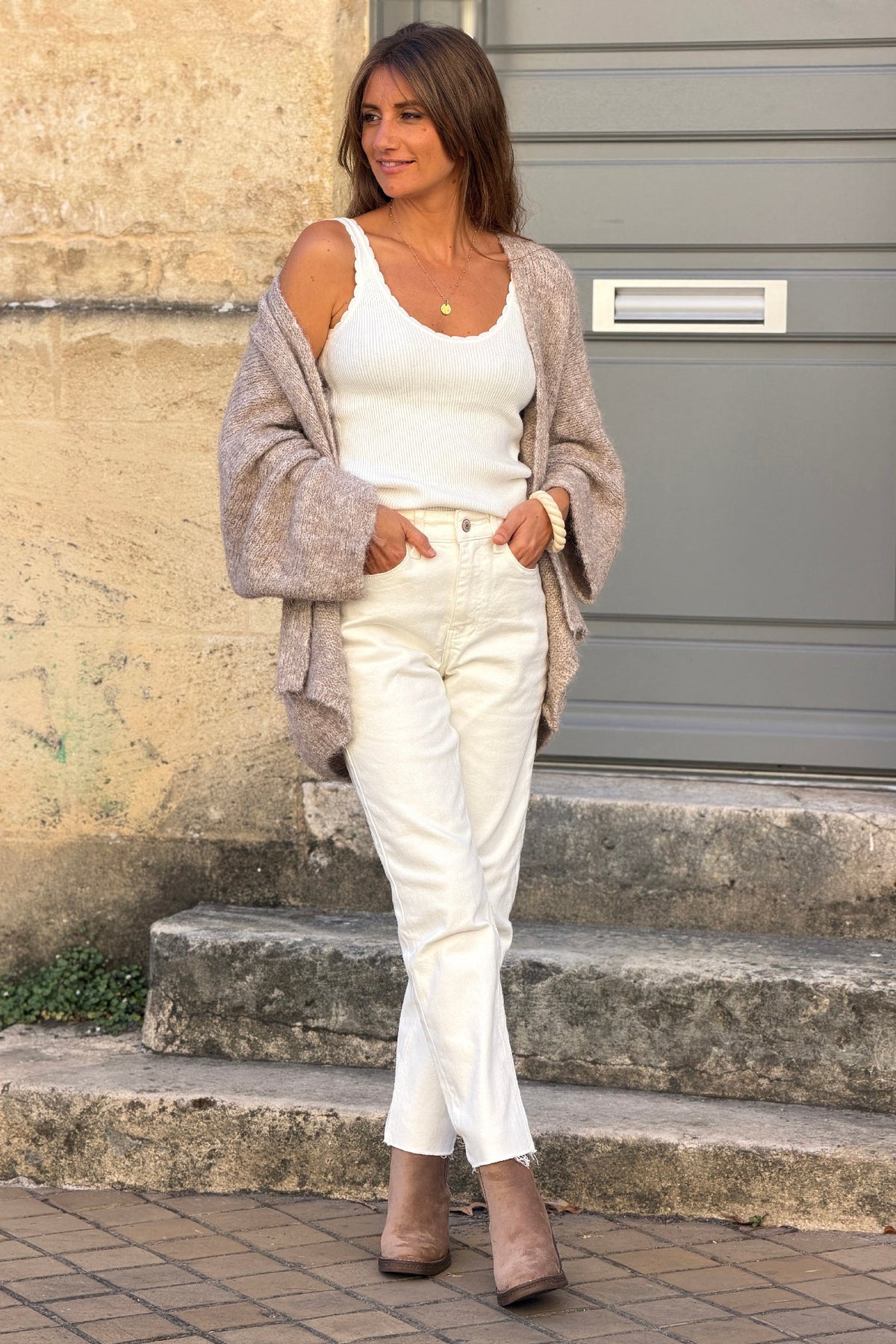Taupe Wool Blend Bell Sleeve Knit Cardigan