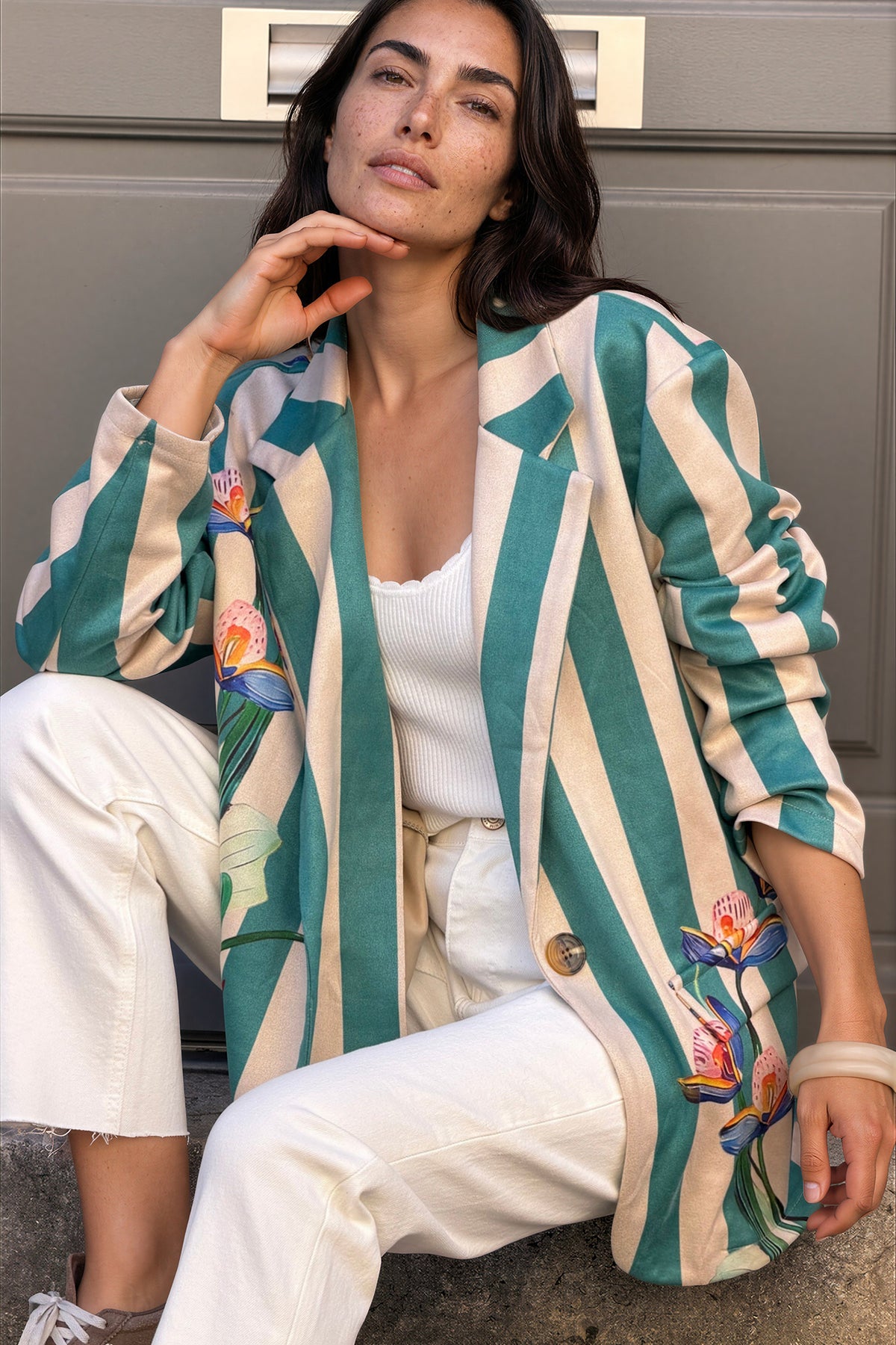 Teal Painterly Stripe Suedette Blazer