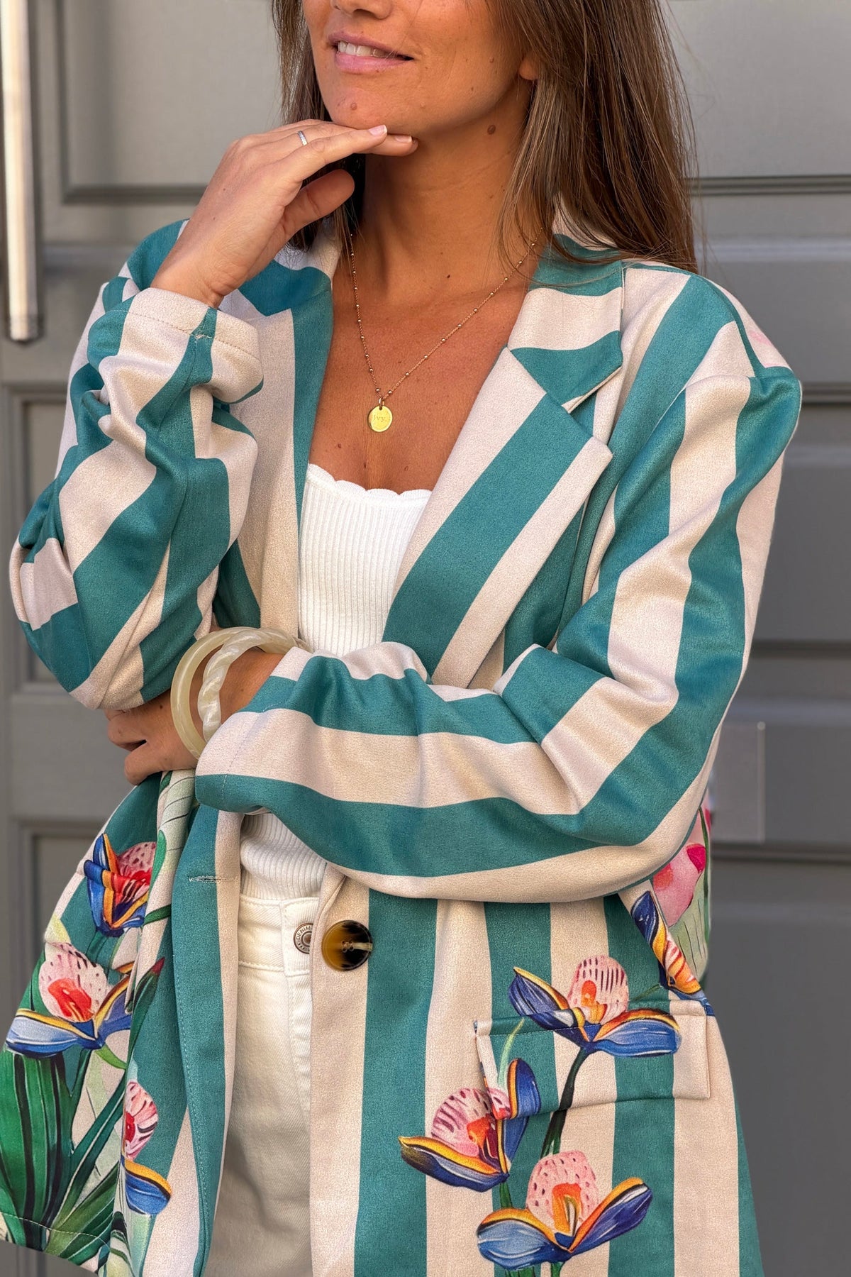 Teal Painterly Stripe Suedette Blazer