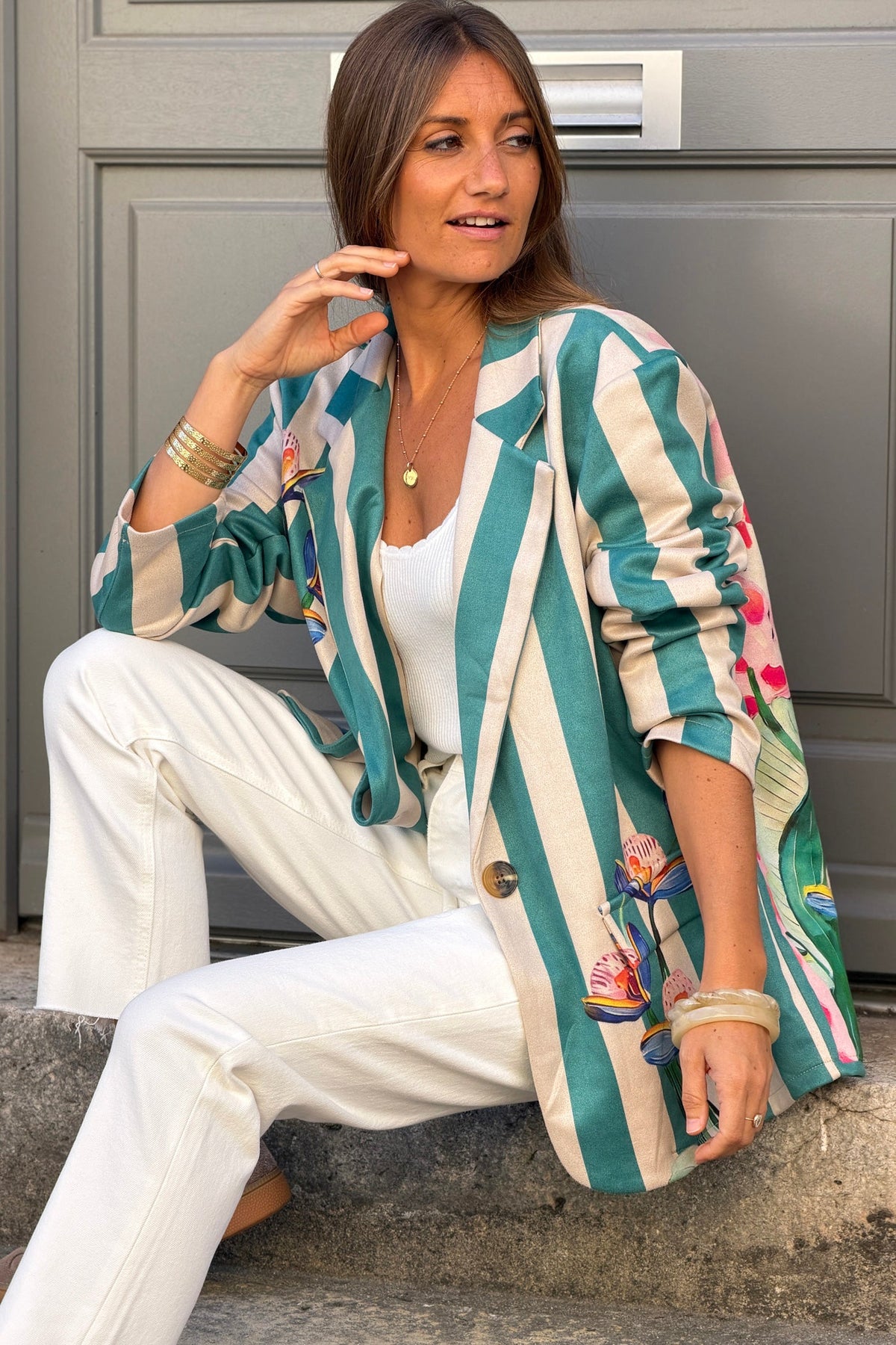 Teal Painterly Stripe Suedette Blazer