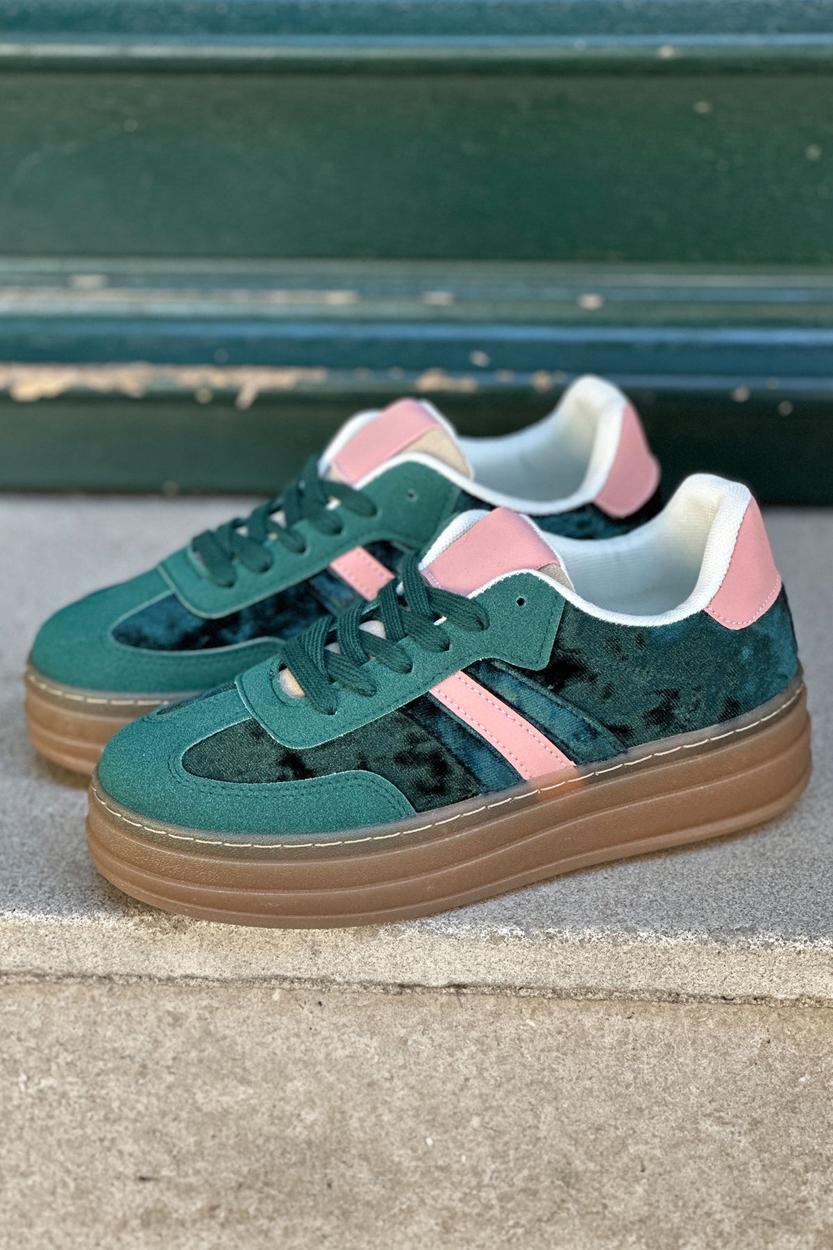 Teal Velvet and Suede Sport Stripe Sneakers