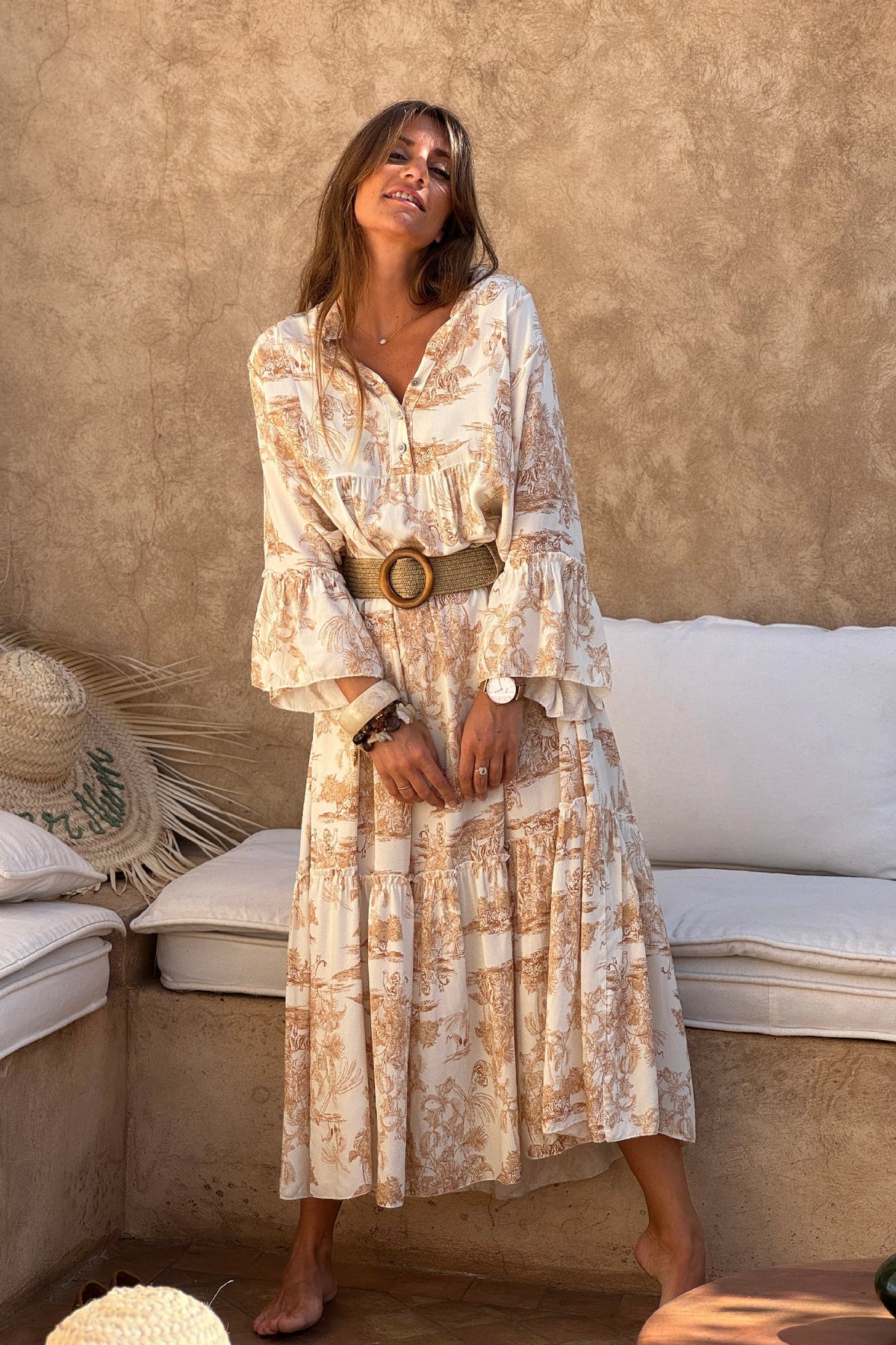 Tiered Maxi Dress with Toile de Jouy Beige Print