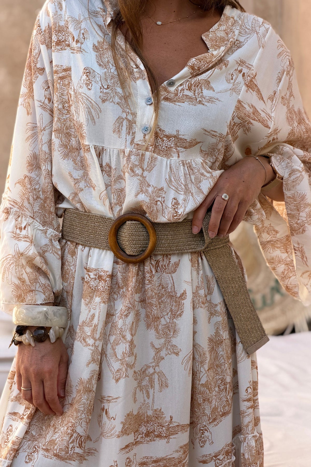 Tiered Maxi Dress with Toile de Jouy Beige Print
